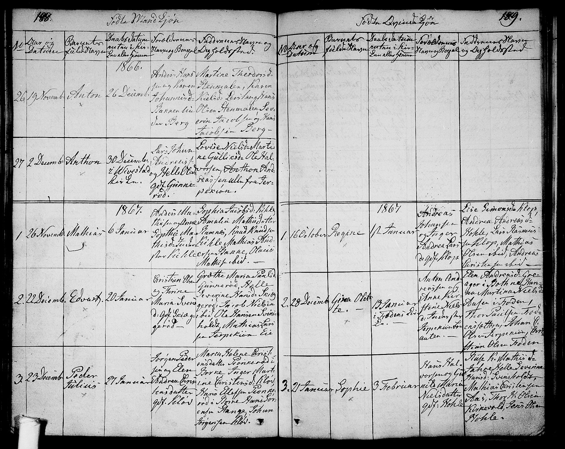 Ramnes kirkebøker, SAKO/A-314/G/Ga/L0002: Parish register (copy) no. I 2, 1848-1870, p. 188-189