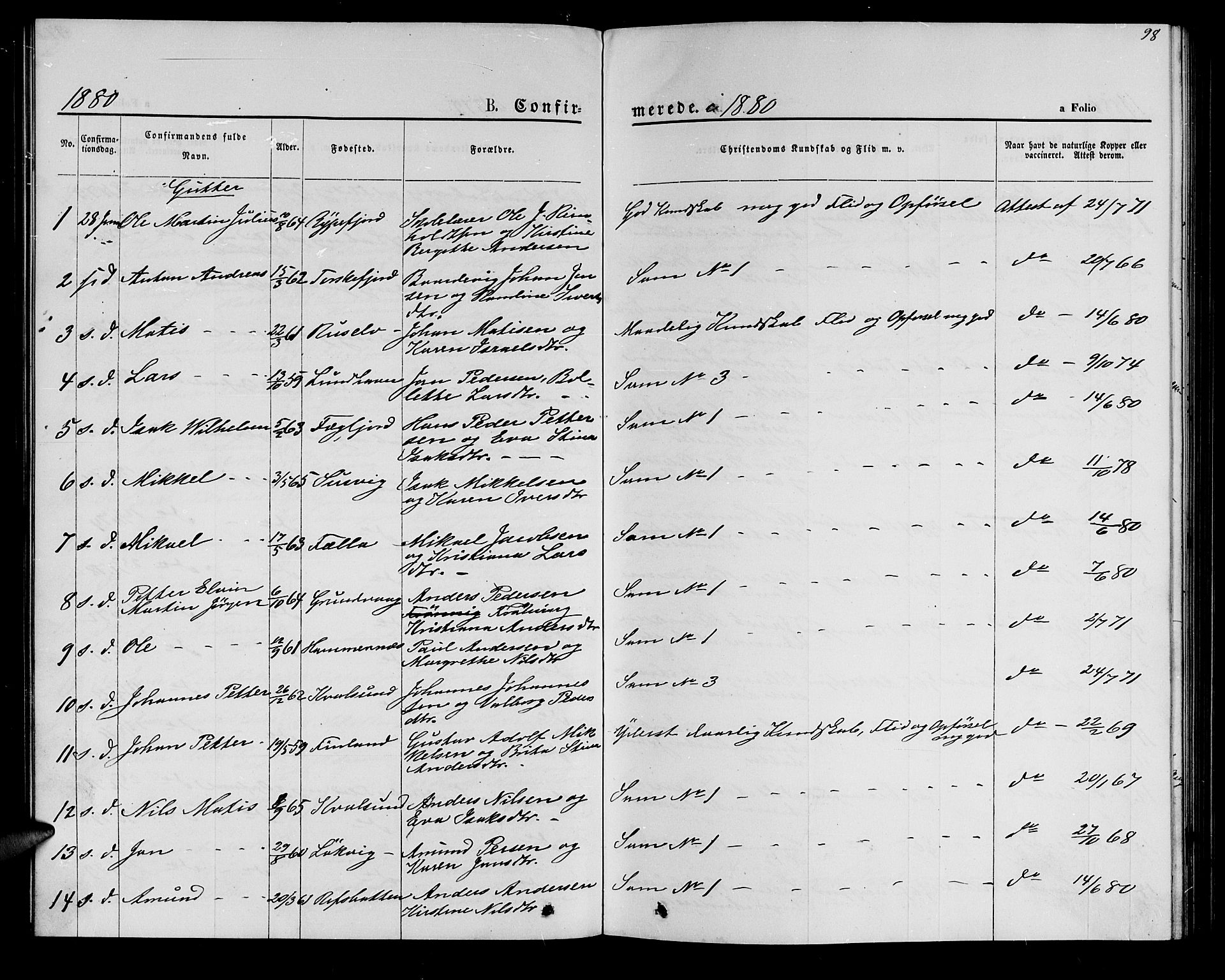 Hammerfest sokneprestkontor, SATØ/S-1347/H/Hb/L0005.klokk: Parish register (copy) no. 5, 1869-1884, p. 98