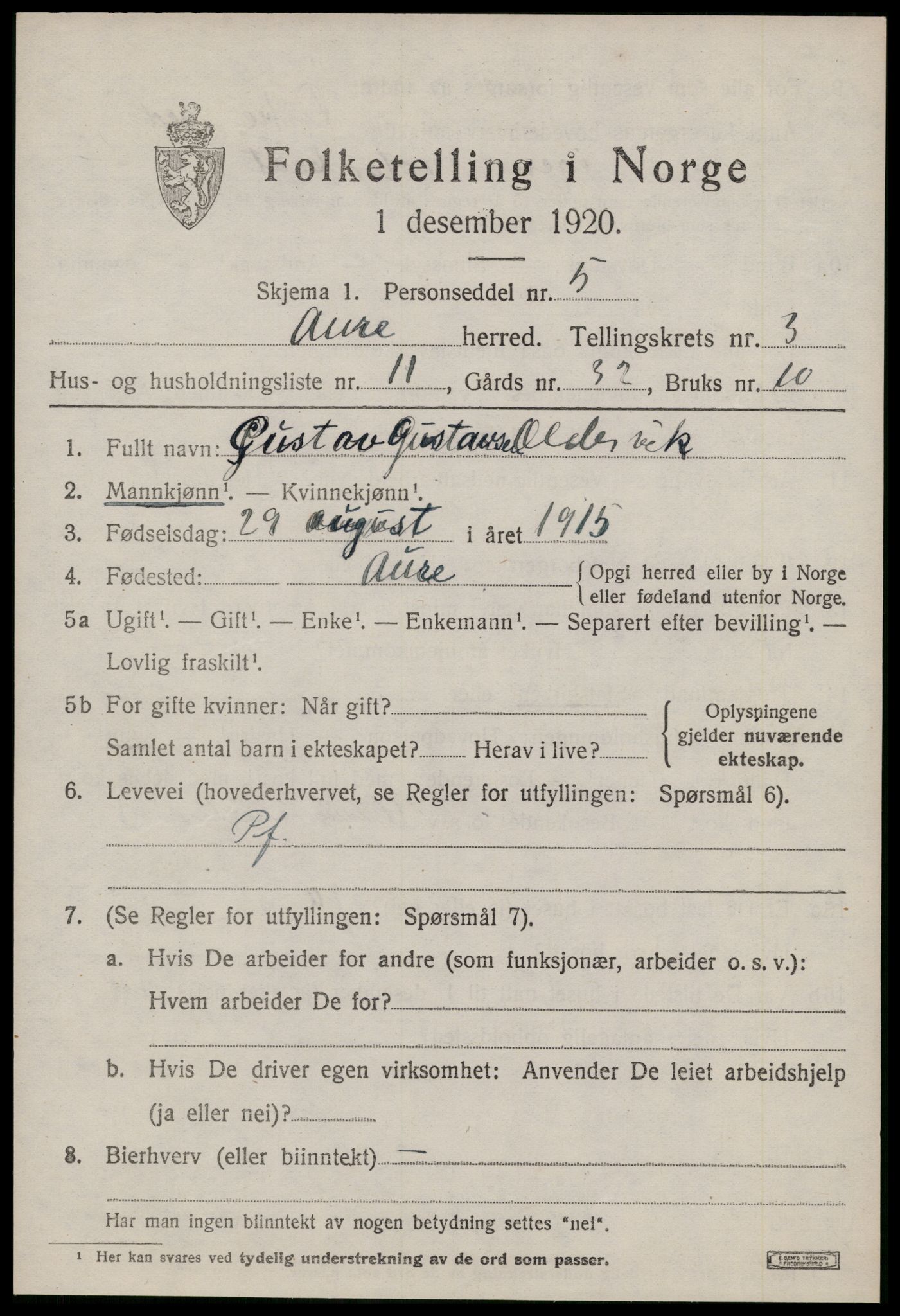 SAT, 1920 census for Aure, 1920, p. 1806