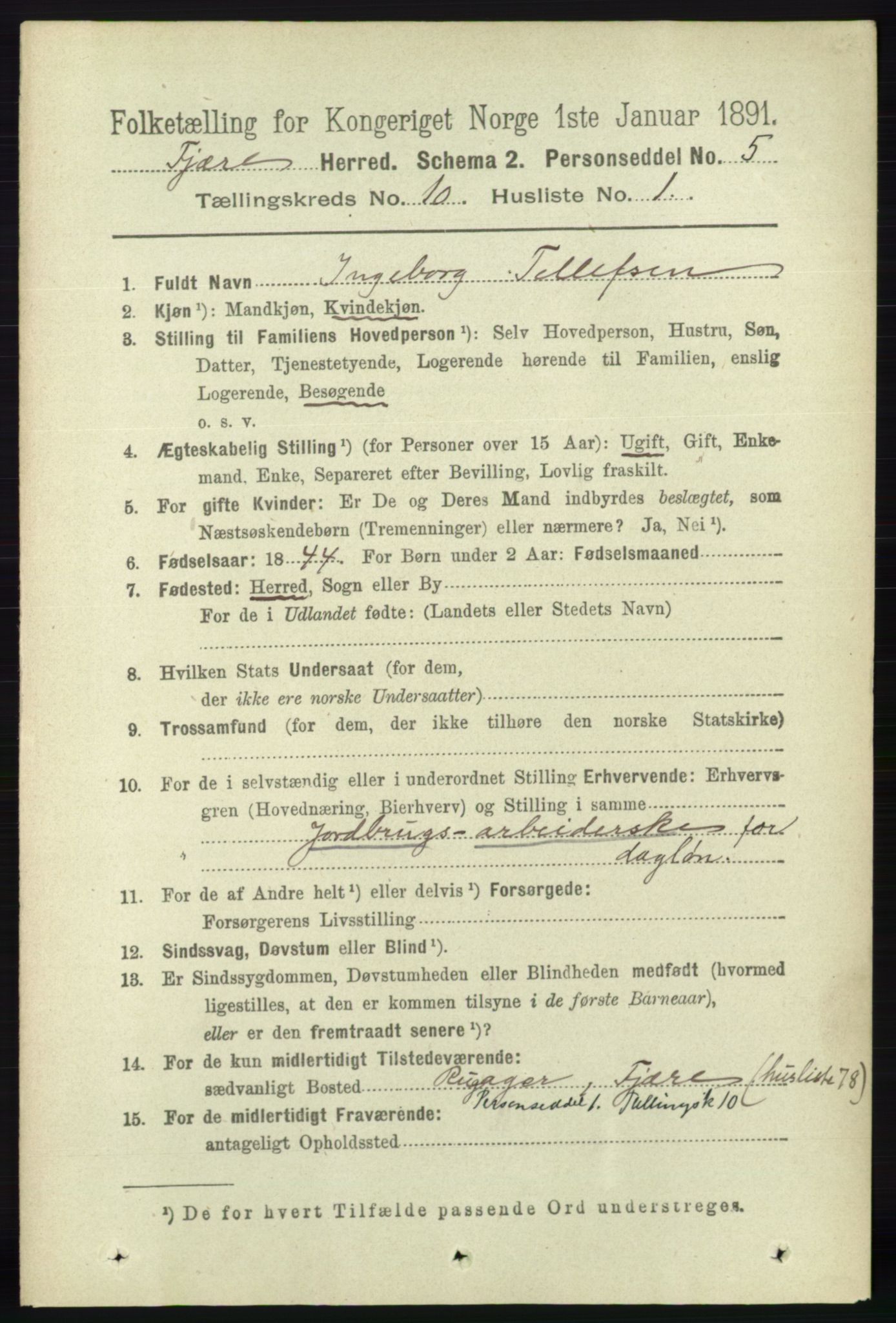 RA, 1891 census for 0923 Fjære, 1891, p. 5004