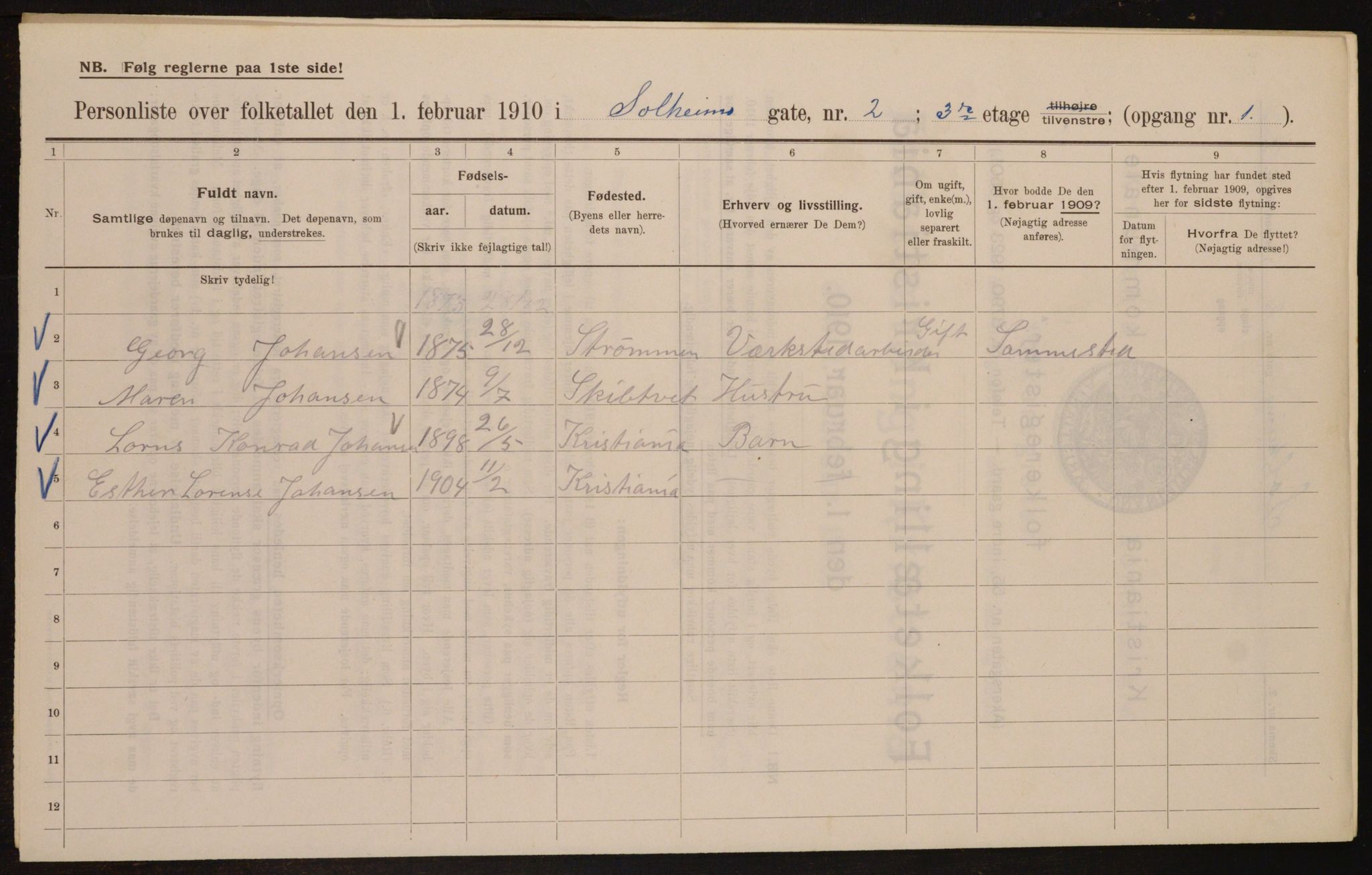 OBA, Municipal Census 1910 for Kristiania, 1910, p. 94865