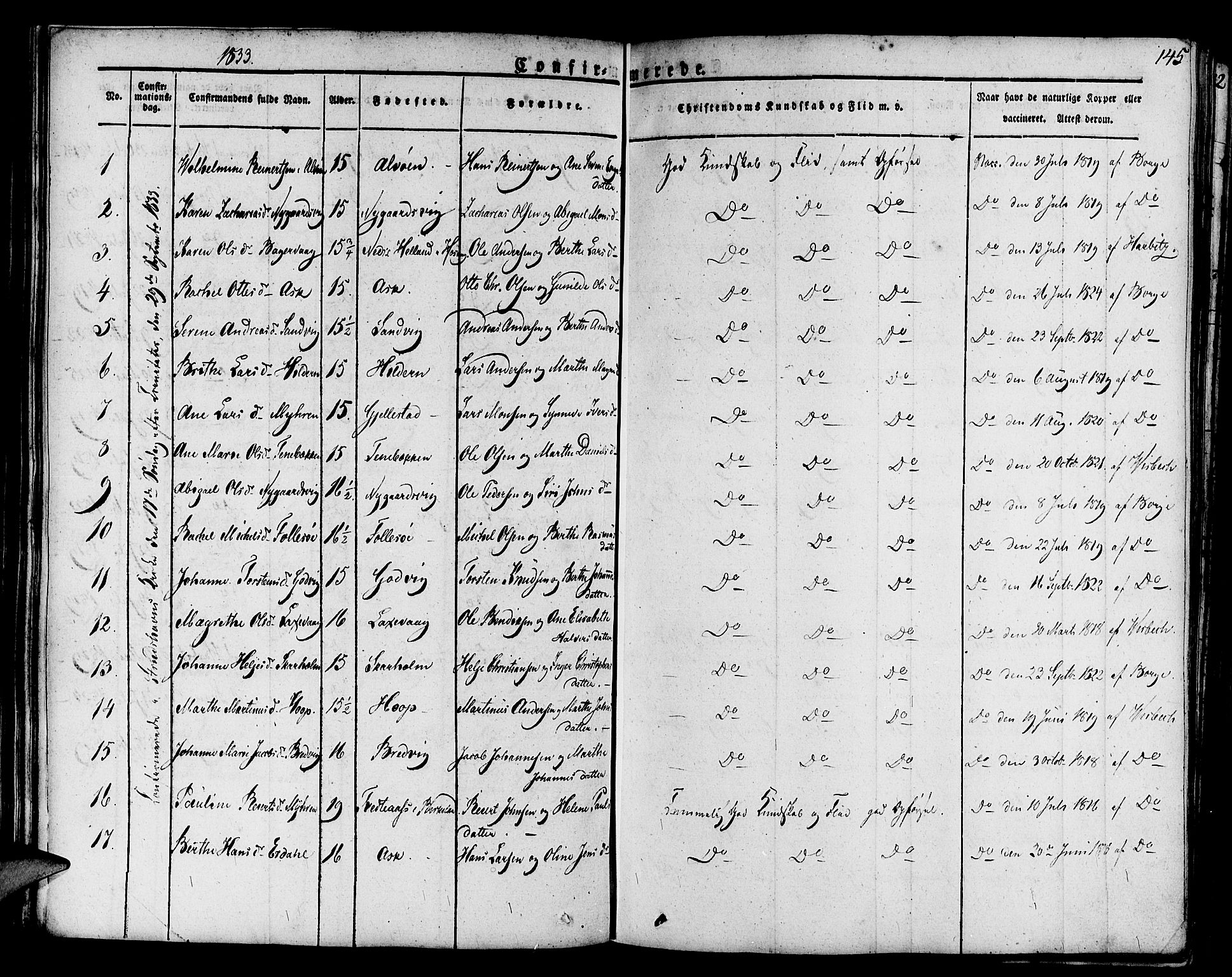 Askøy Sokneprestembete, SAB/A-74101/H/Ha/Haa/Haaa/L0004: Parish register (official) no. A 4, 1825-1845, p. 145