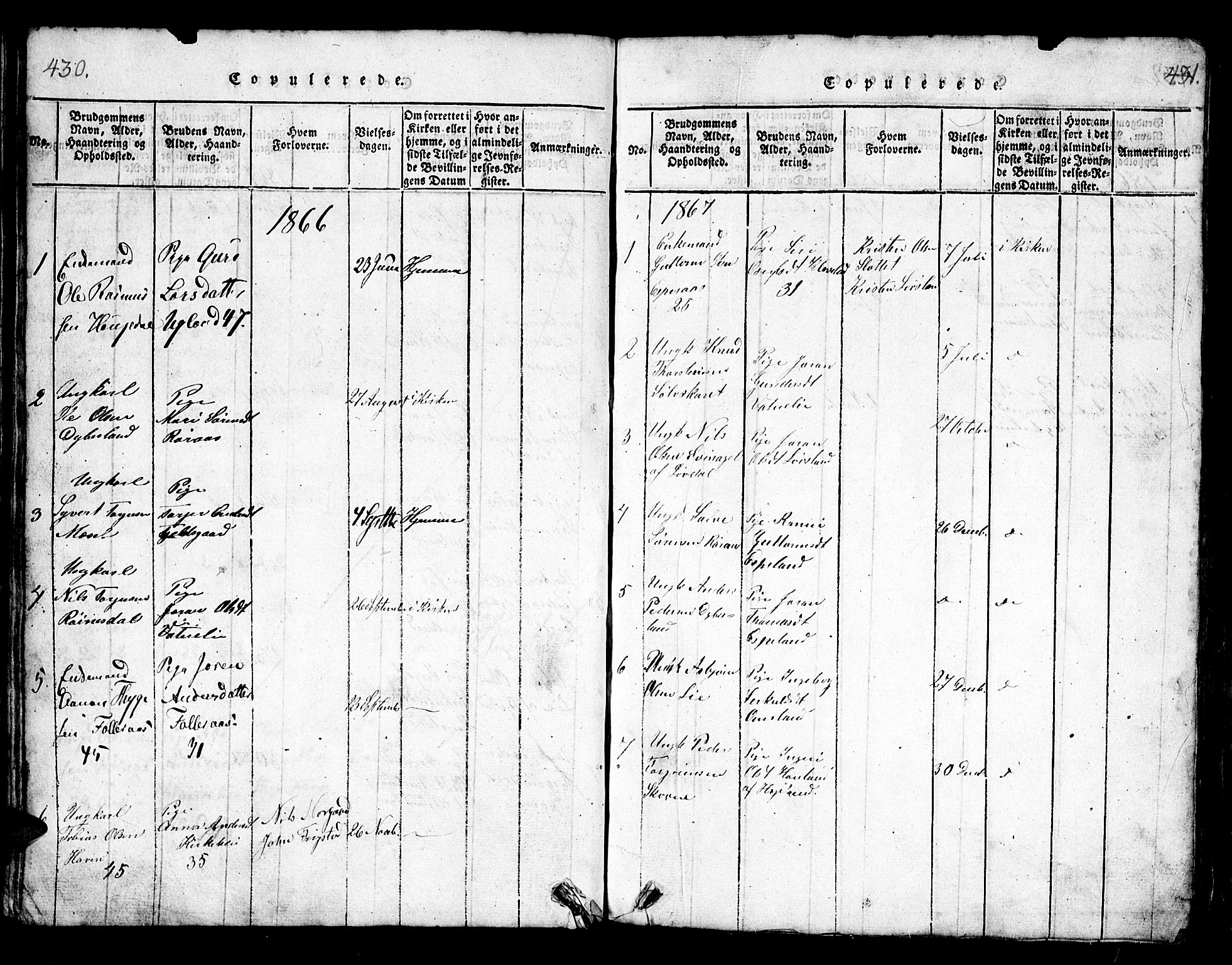 Bjelland sokneprestkontor, SAK/1111-0005/F/Fb/Fbb/L0003: Parish register (copy) no. B 3, 1816-1868, p. 430-431