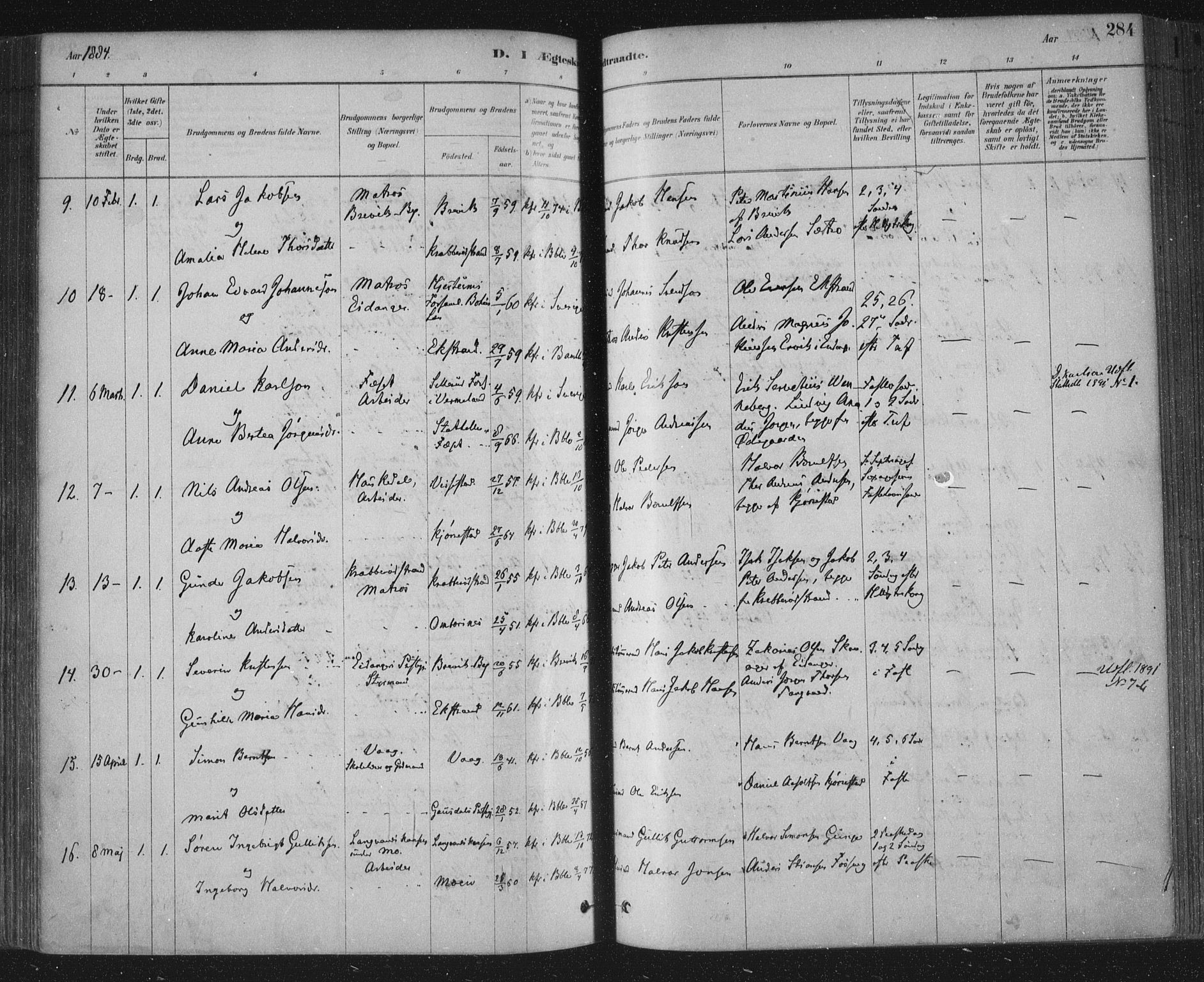 Bamble kirkebøker, SAKO/A-253/F/Fa/L0007: Parish register (official) no. I 7, 1878-1888, p. 284