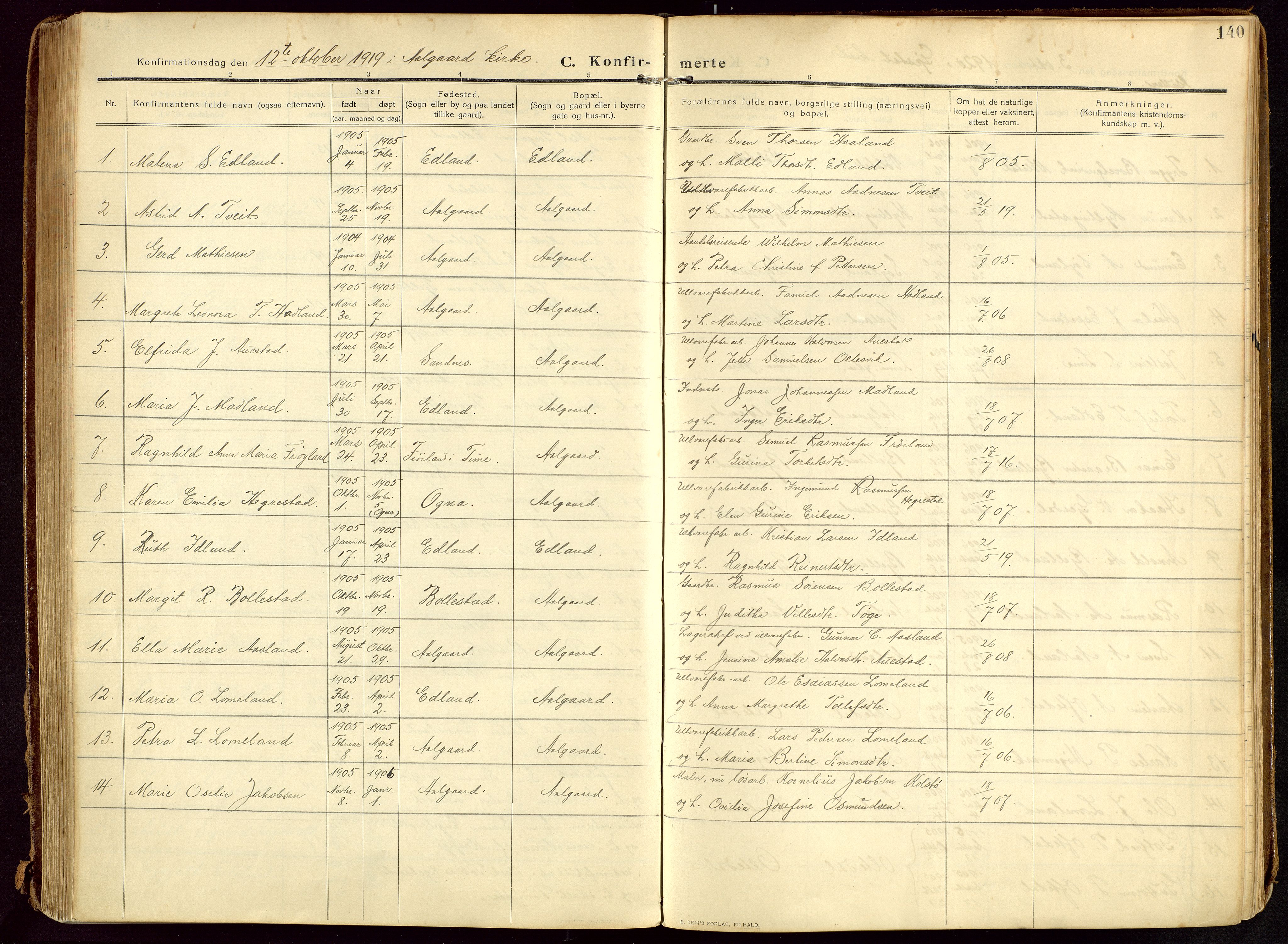 Lye sokneprestkontor, AV/SAST-A-101794/002/B/L0001: Parish register (official) no. A 13, 1910-1925, p. 140