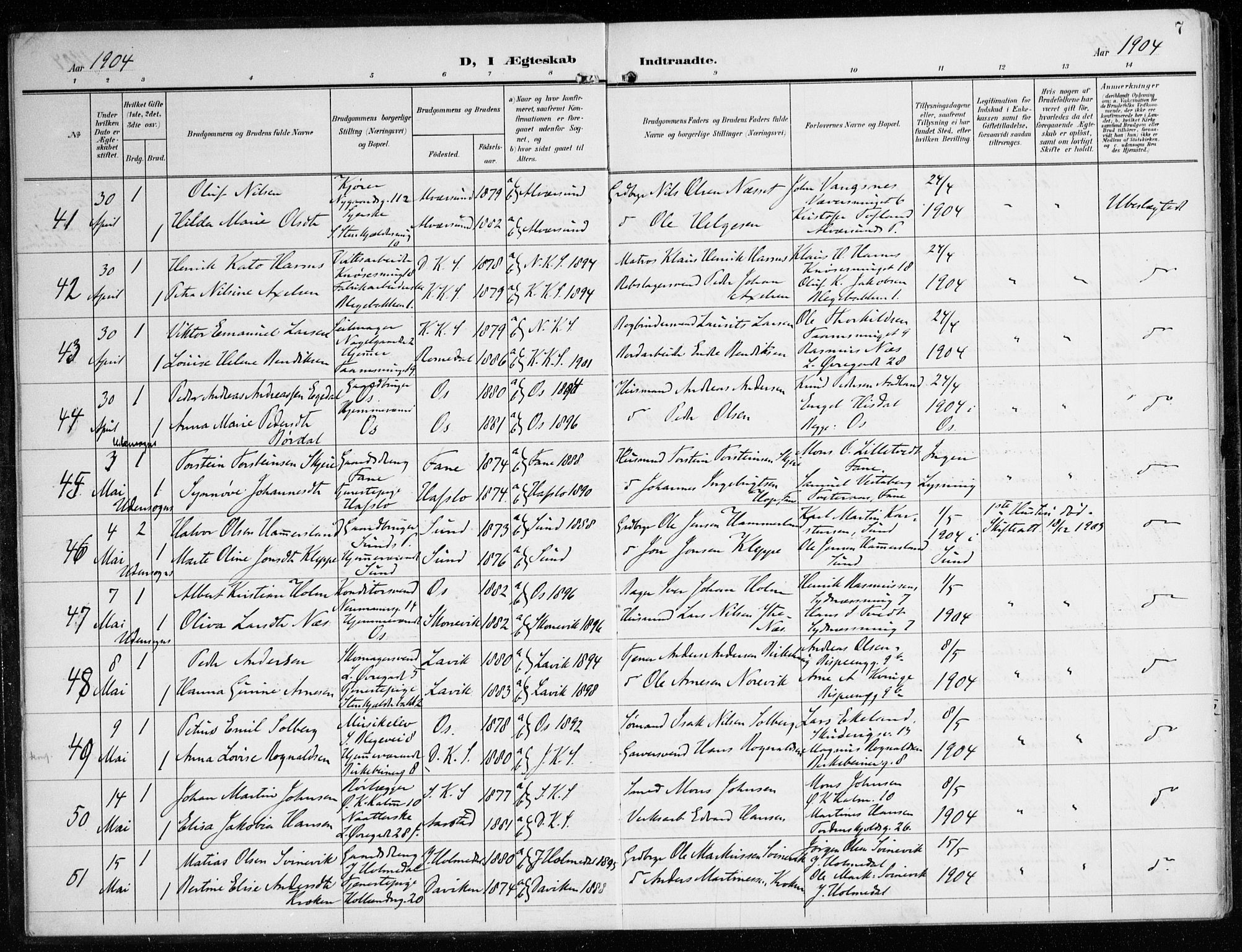 Korskirken sokneprestembete, SAB/A-76101/H/Haa/L0038: Parish register (official) no. D 5, 1904-1919, p. 7