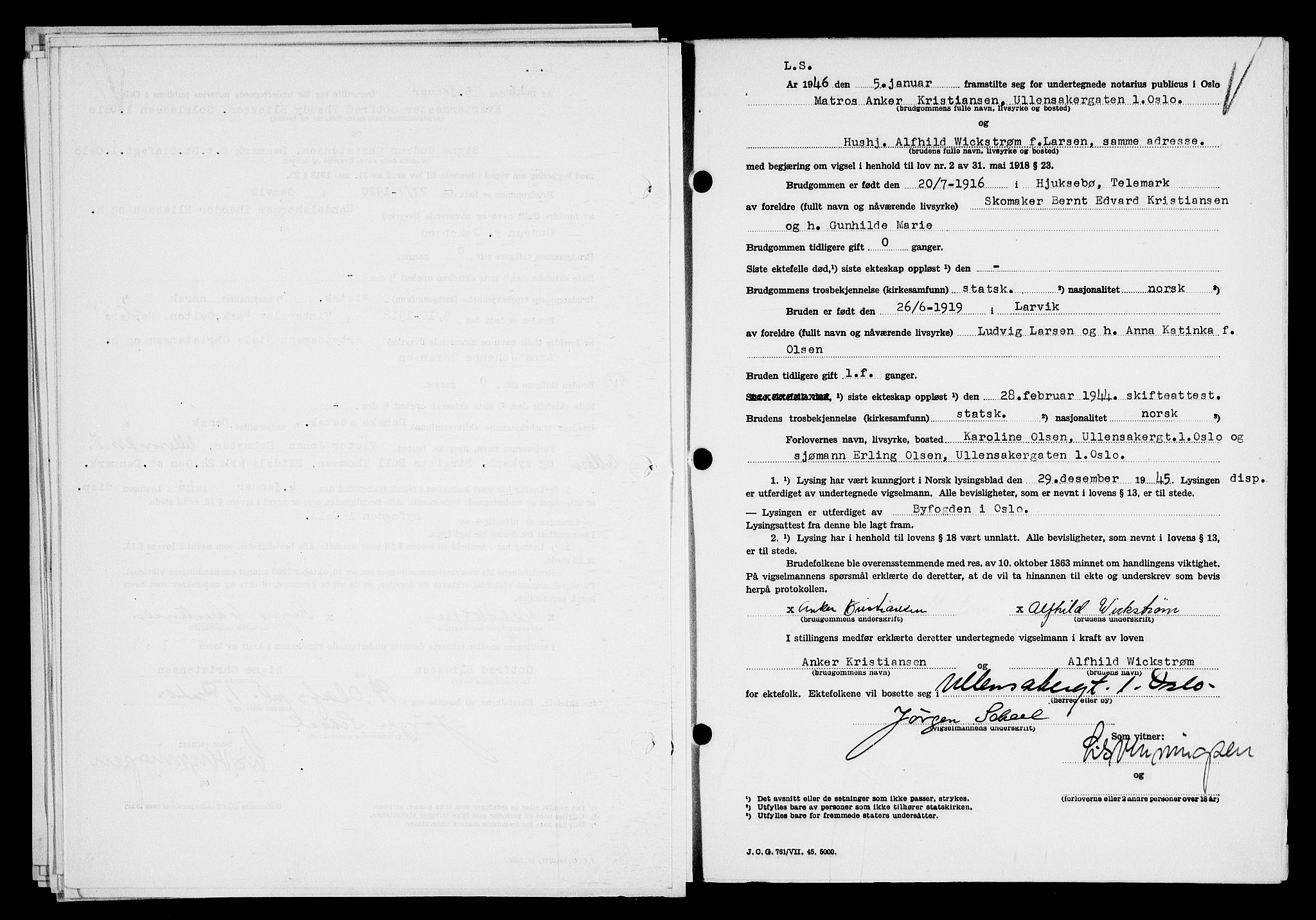 Oslo byfogd avd. I, AV/SAO-A-10220/L/Lb/Lbb/L0055: Notarialprotokoll, rekke II: Vigsler, 1945-1946