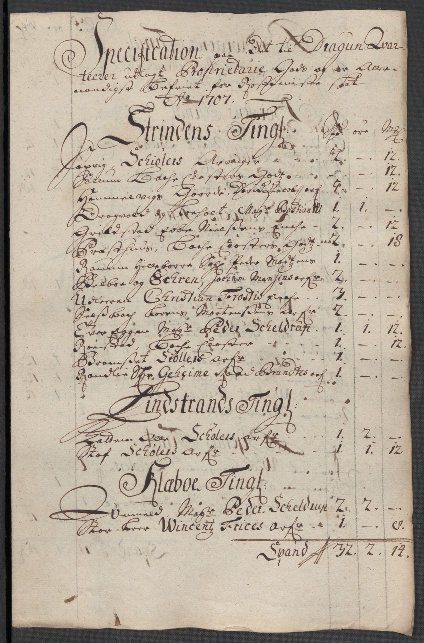 Rentekammeret inntil 1814, Reviderte regnskaper, Fogderegnskap, AV/RA-EA-4092/R61/L4110: Fogderegnskap Strinda og Selbu, 1707-1708, p. 183