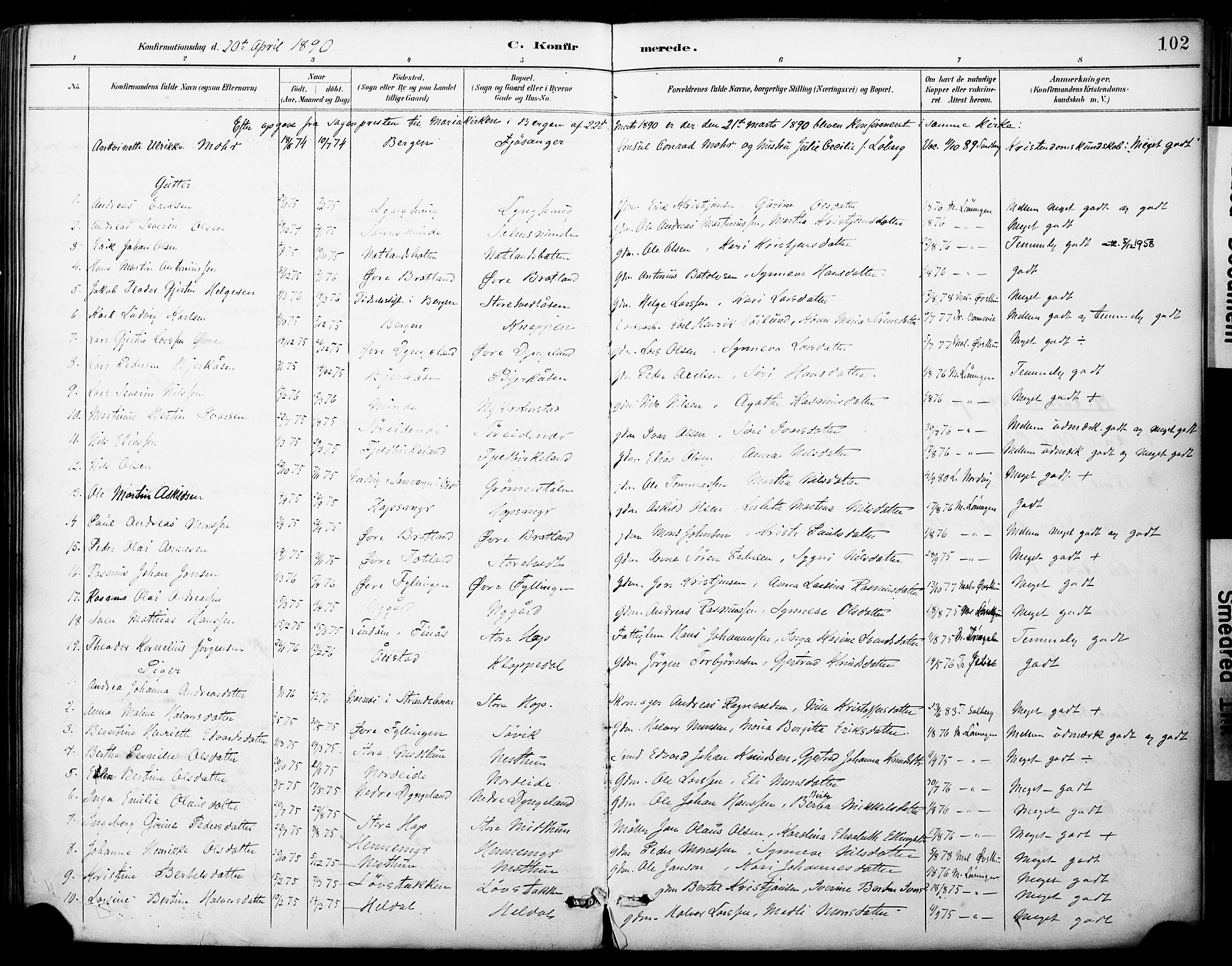 Fana Sokneprestembete, SAB/A-75101/H/Haa/Haai/L0002: Parish register (official) no. I 2, 1888-1899, p. 102
