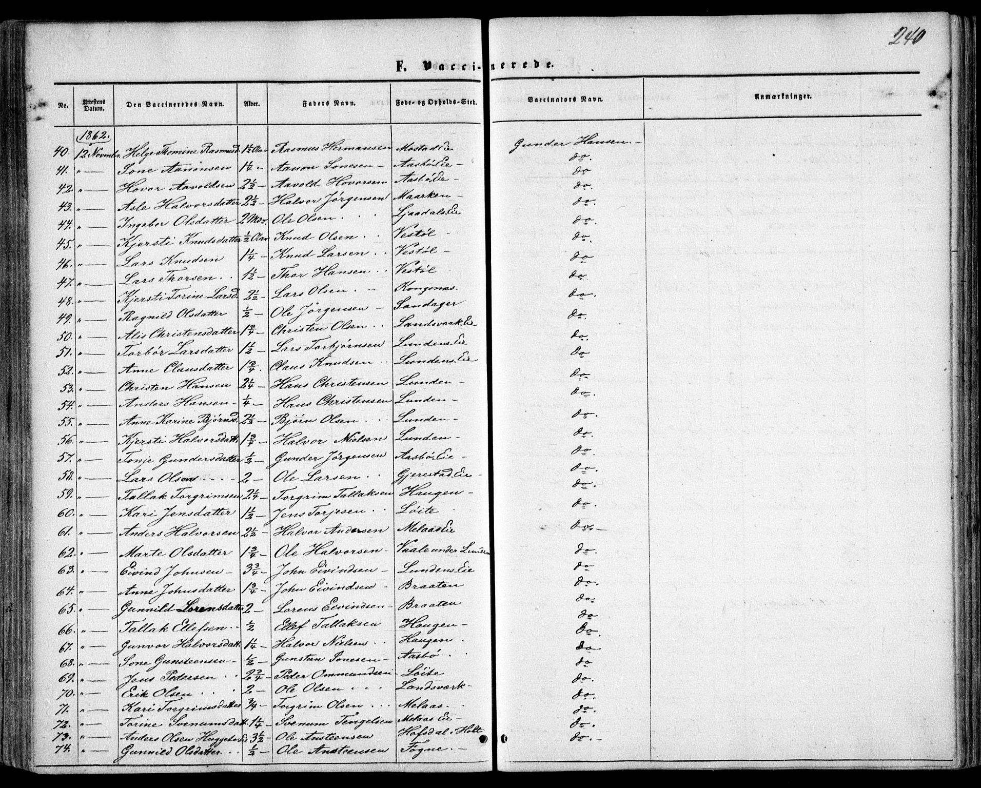 Gjerstad sokneprestkontor, SAK/1111-0014/F/Fa/Faa/L0007: Parish register (official) no. A 7, 1858-1875, p. 240