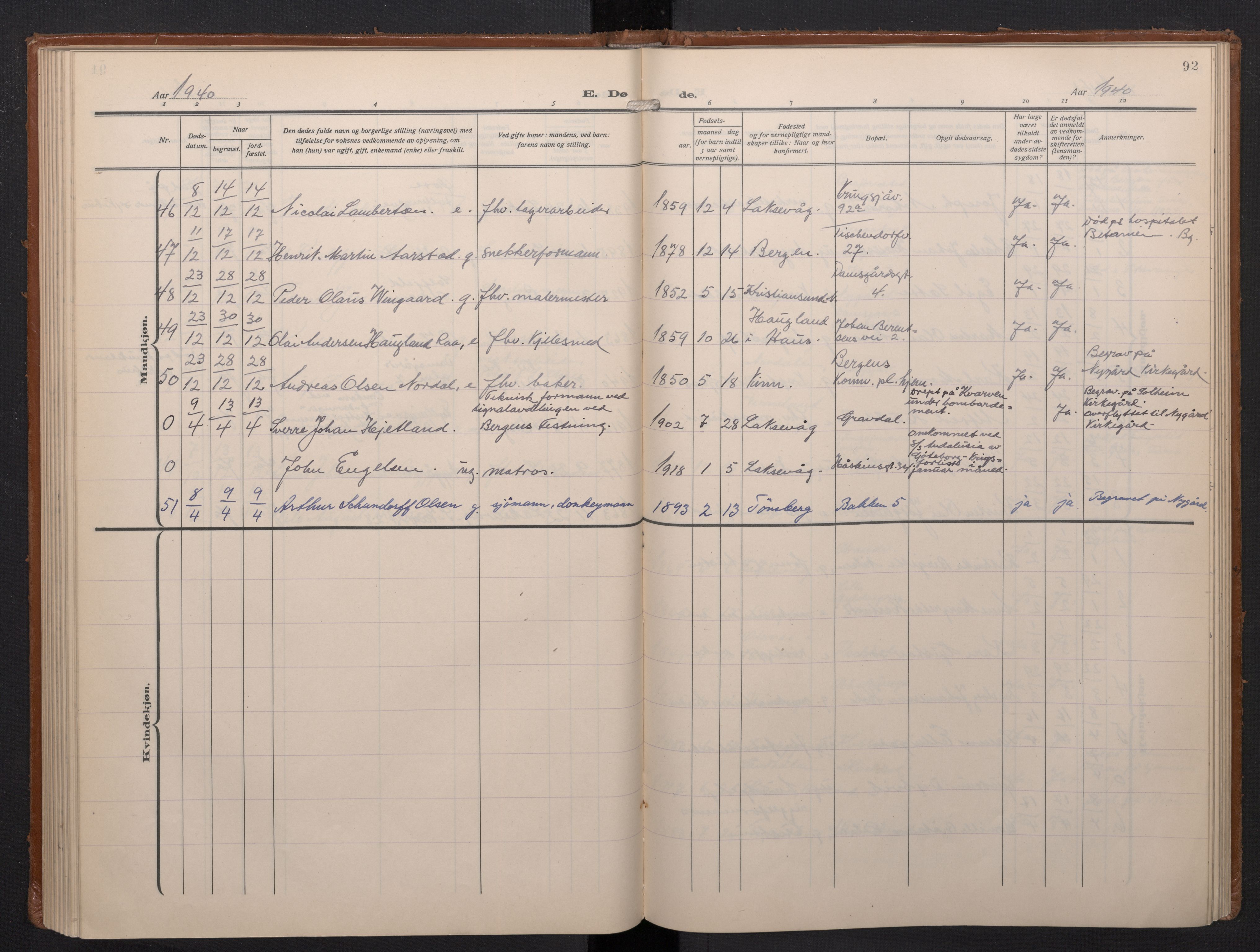 Laksevåg Sokneprestembete, AV/SAB-A-76501/H/Ha/Haa/Haae/L0001: Parish register (official) no. E 1, 1924-1950, p. 92