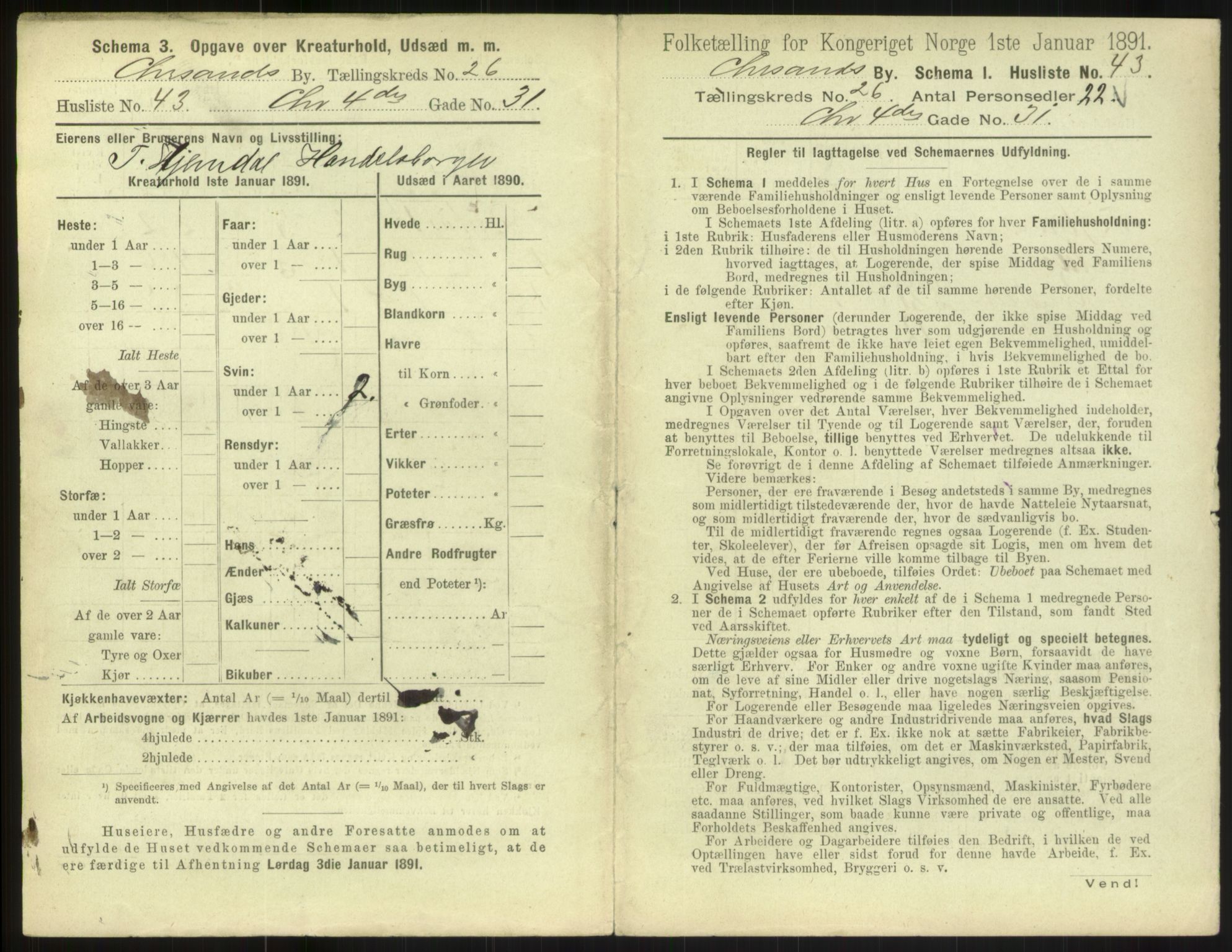 RA, 1891 census for 1001 Kristiansand, 1891, p. 1492