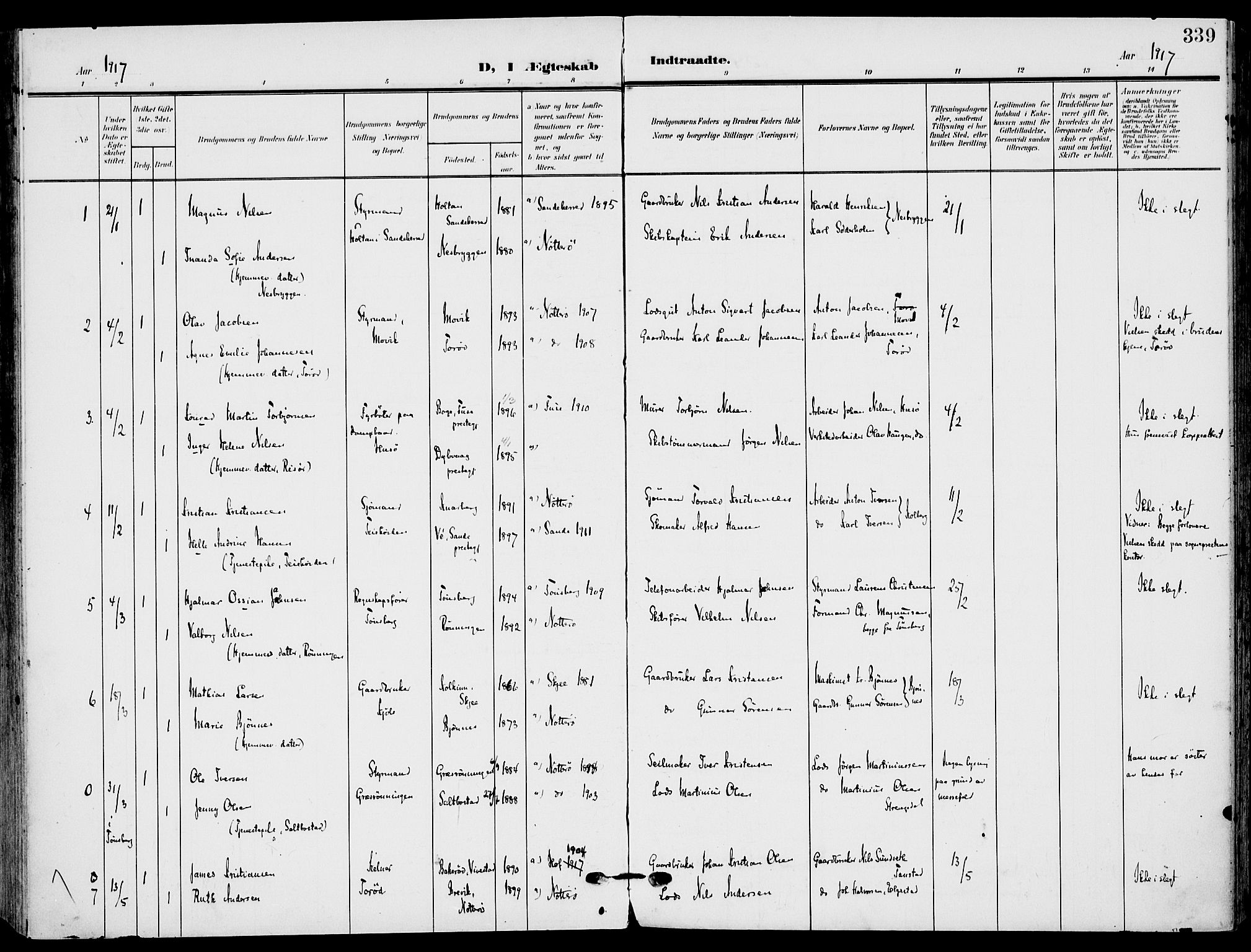 Nøtterøy kirkebøker, SAKO/A-354/F/Fa/L0010: Parish register (official) no. I 10, 1908-1919, p. 339