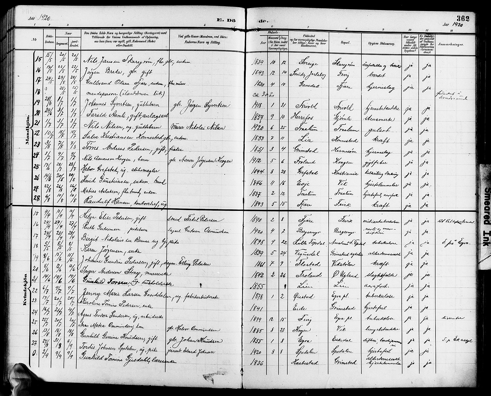 Fjære sokneprestkontor, SAK/1111-0011/F/Fb/L0012: Parish register (copy) no. B 12, 1902-1925, p. 362