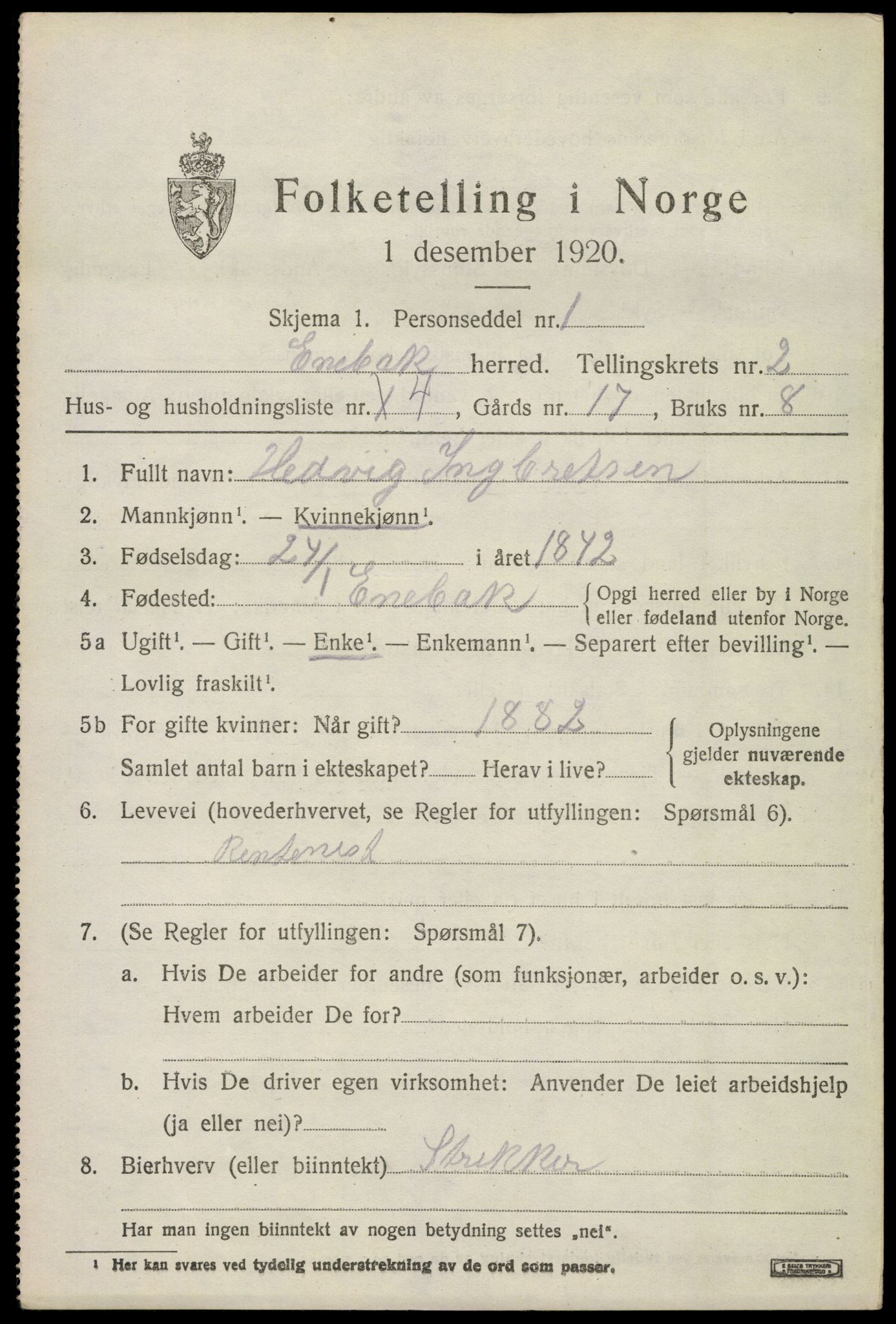 SAO, 1920 census for Enebakk, 1920, p. 2095