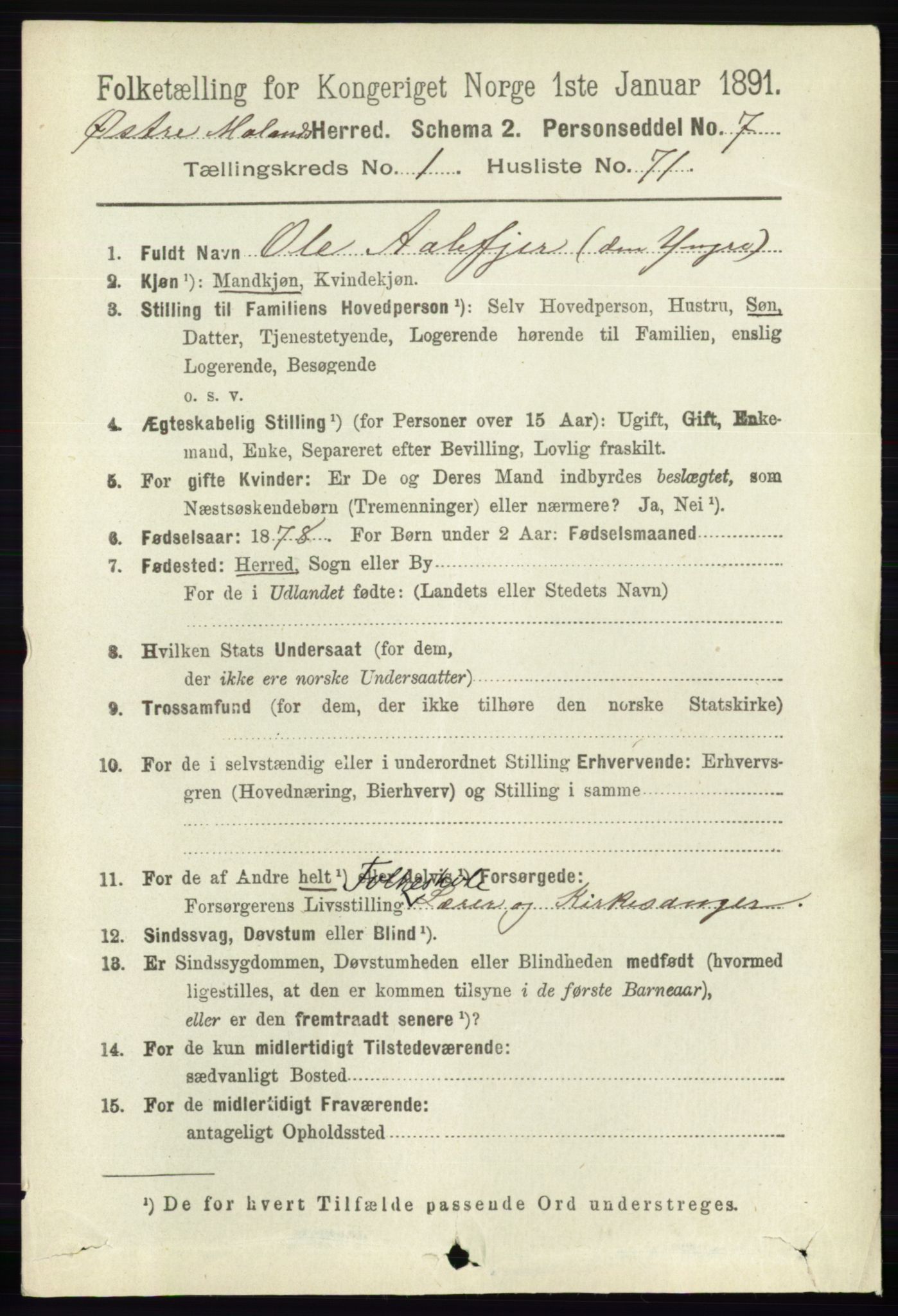 RA, 1891 census for 0918 Austre Moland, 1891, p. 562