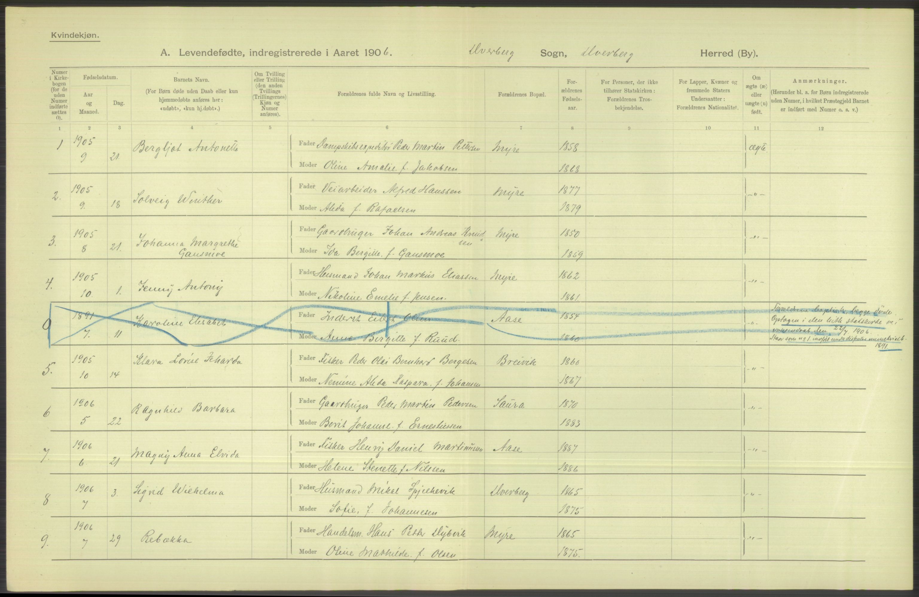 Statistisk sentralbyrå, Sosiodemografiske emner, Befolkning, AV/RA-S-2228/D/Df/Dfa/Dfad/L0044: Nordlands amt: Levendefødte menn og kvinner. Bygder., 1906, p. 12