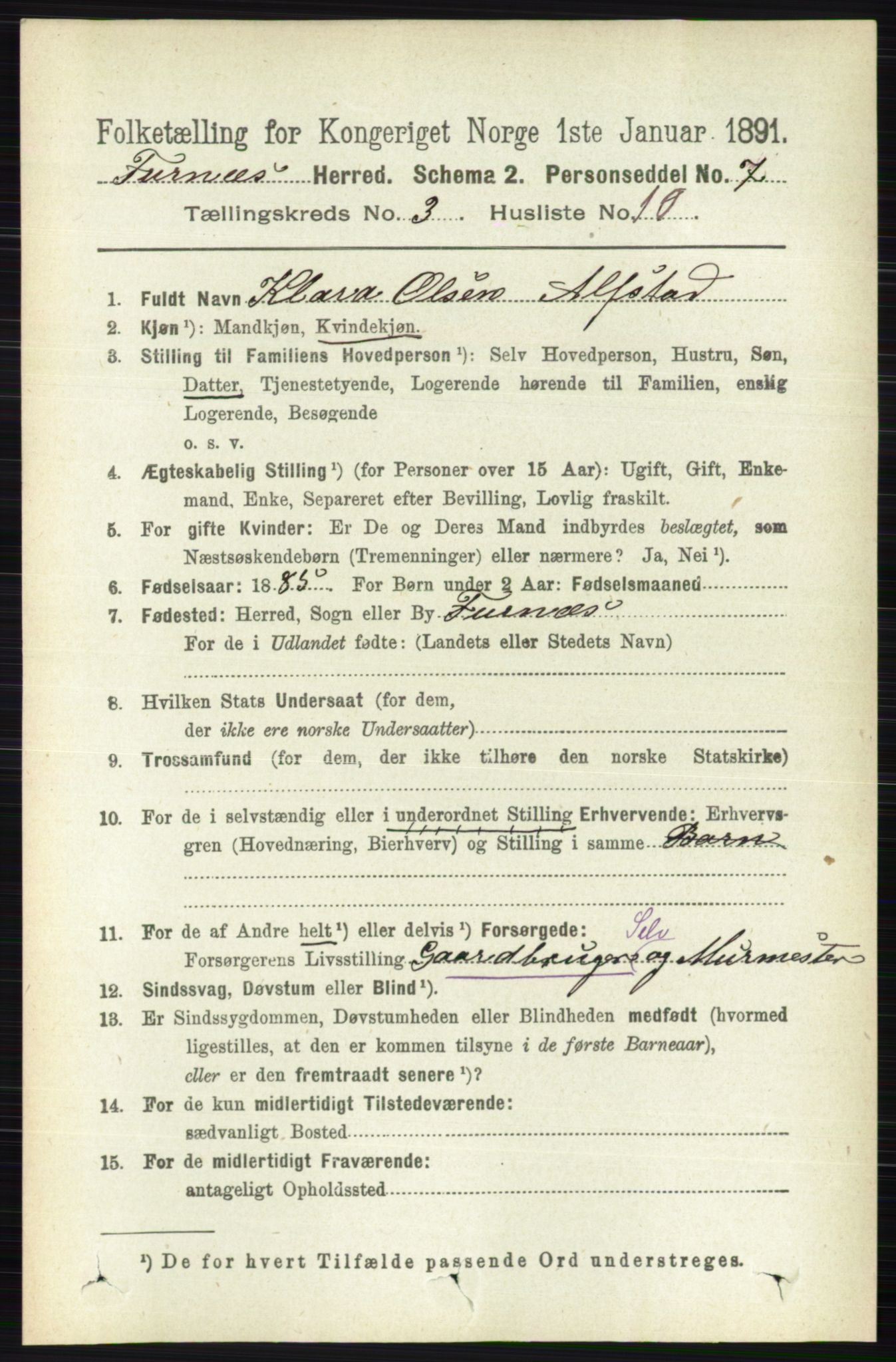 RA, Census 1891 for 0413 Furnes herred, 1891, p. 1688