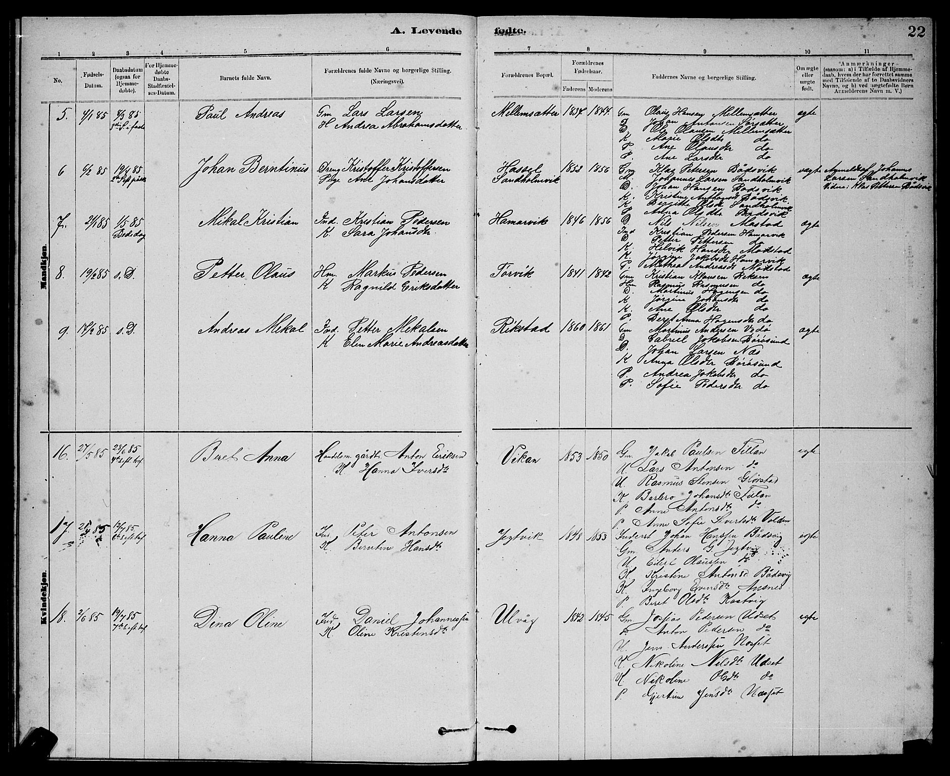 Ministerialprotokoller, klokkerbøker og fødselsregistre - Sør-Trøndelag, SAT/A-1456/637/L0562: Parish register (copy) no. 637C03, 1883-1898, p. 22