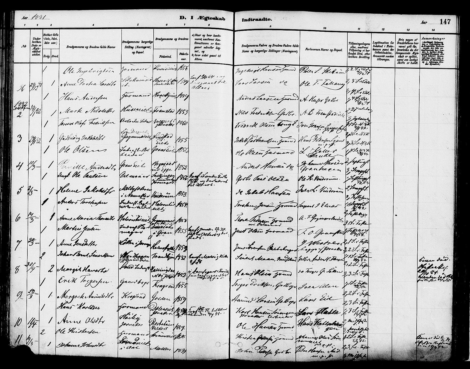 Gran prestekontor, SAH/PREST-112/H/Ha/Haa/L0014: Parish register (official) no. 14, 1880-1889, p. 147