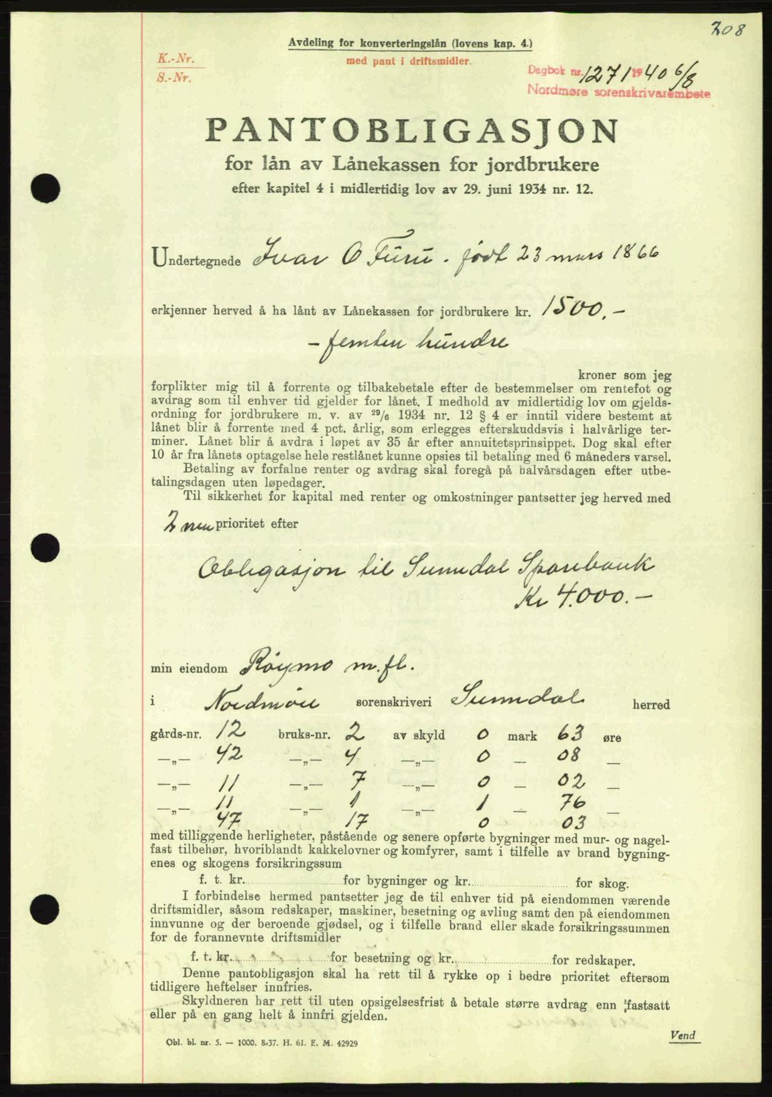 Nordmøre sorenskriveri, AV/SAT-A-4132/1/2/2Ca: Mortgage book no. B87, 1940-1941, Diary no: : 1271/1940