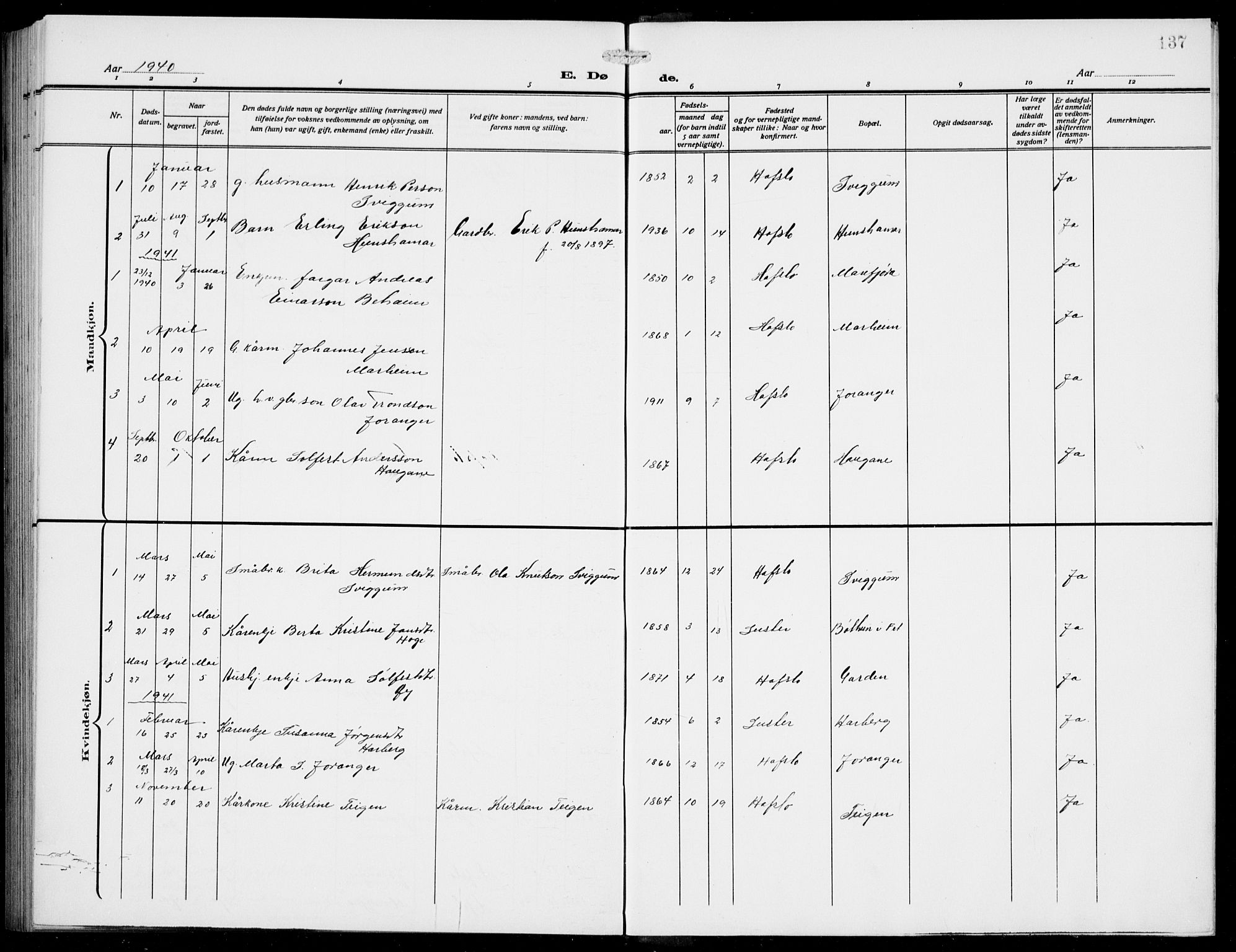 Jostedal sokneprestembete, AV/SAB-A-80601/H/Hab/Habd/L0002: Parish register (copy) no. D 2, 1910-1941, p. 137