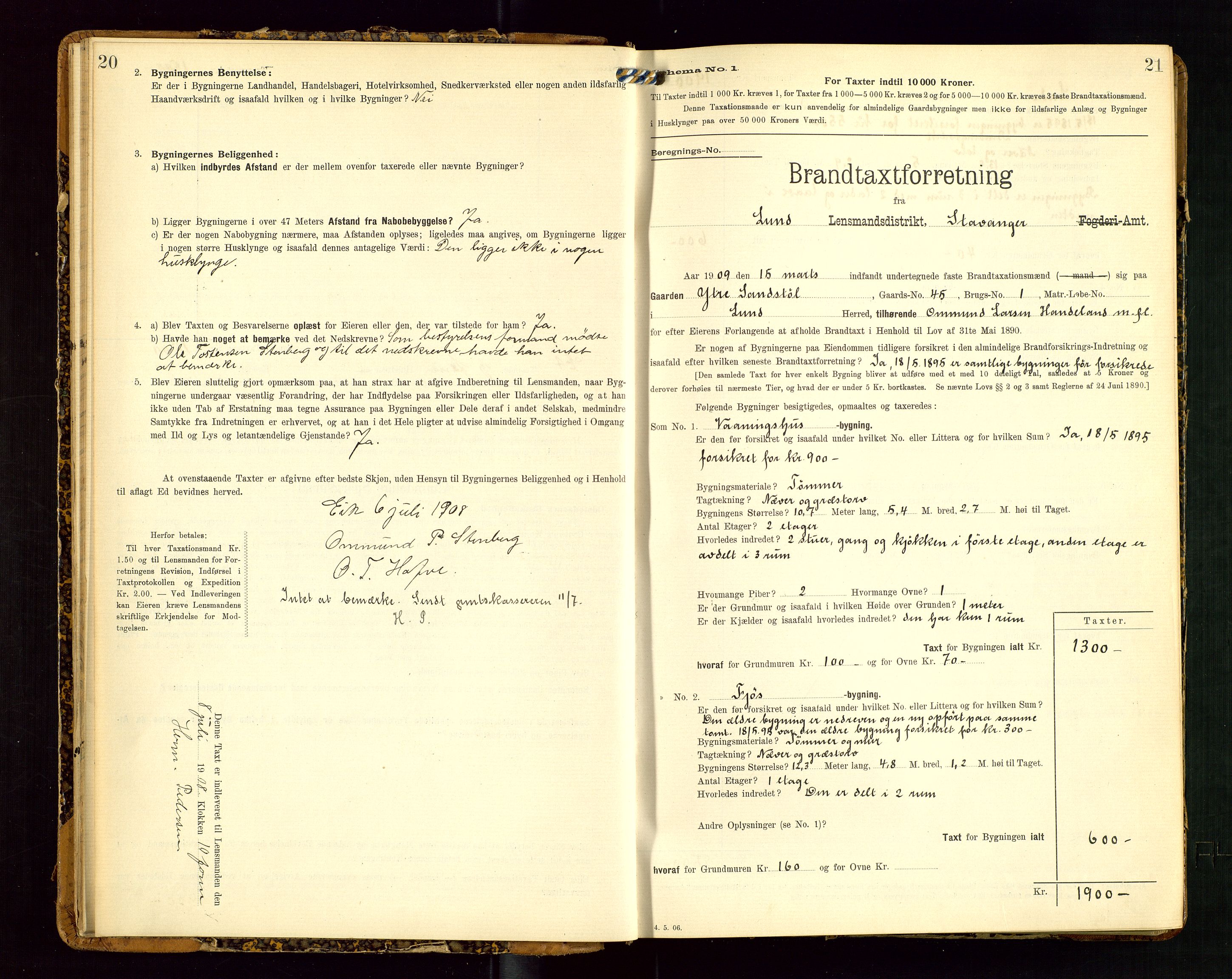 Lund lensmannskontor, SAST/A-100303/Gob/L0002: "Brandtakstprotokol", 1908-1918, p. 20-21