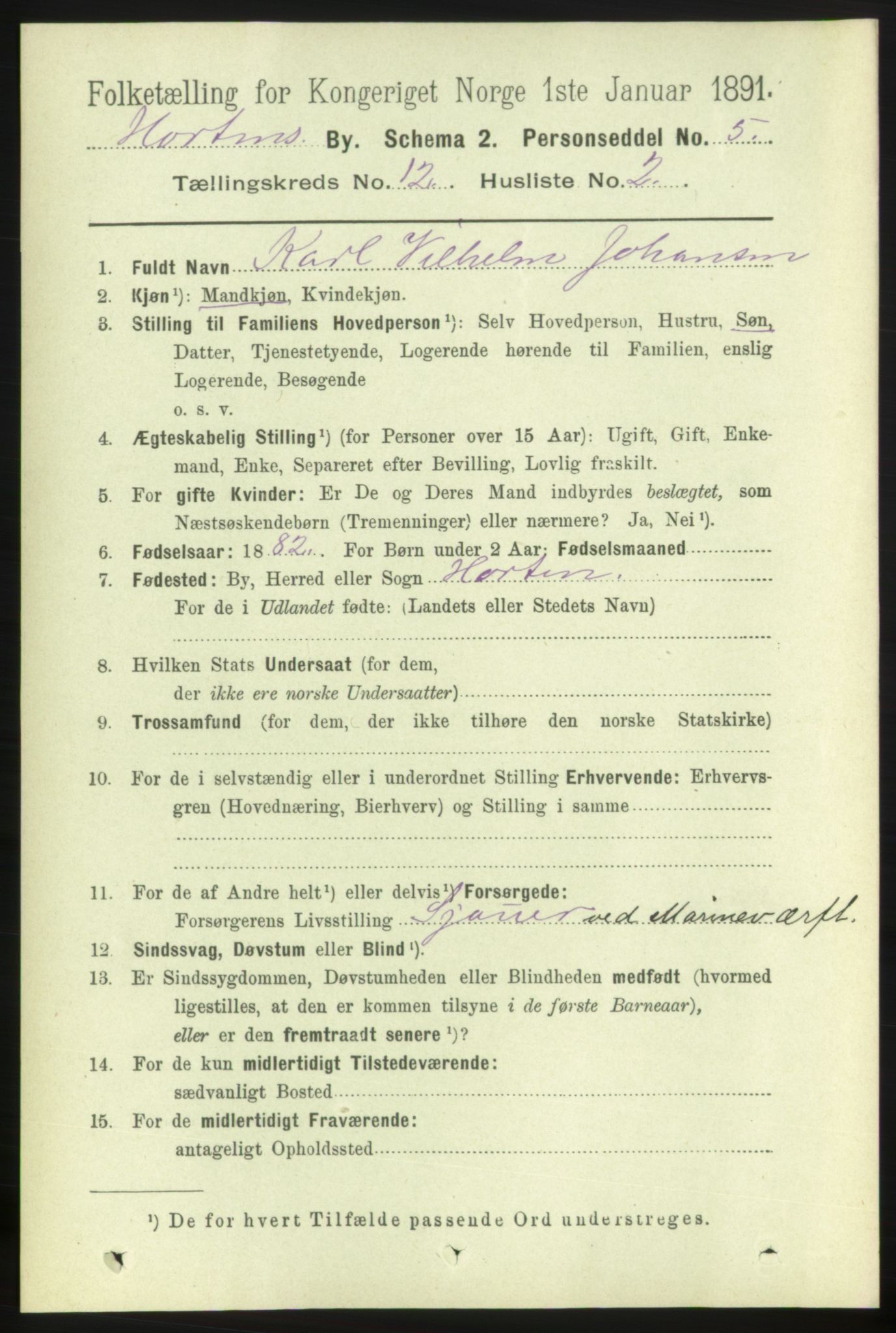 RA, 1891 census for 0703 Horten, 1891, p. 7406