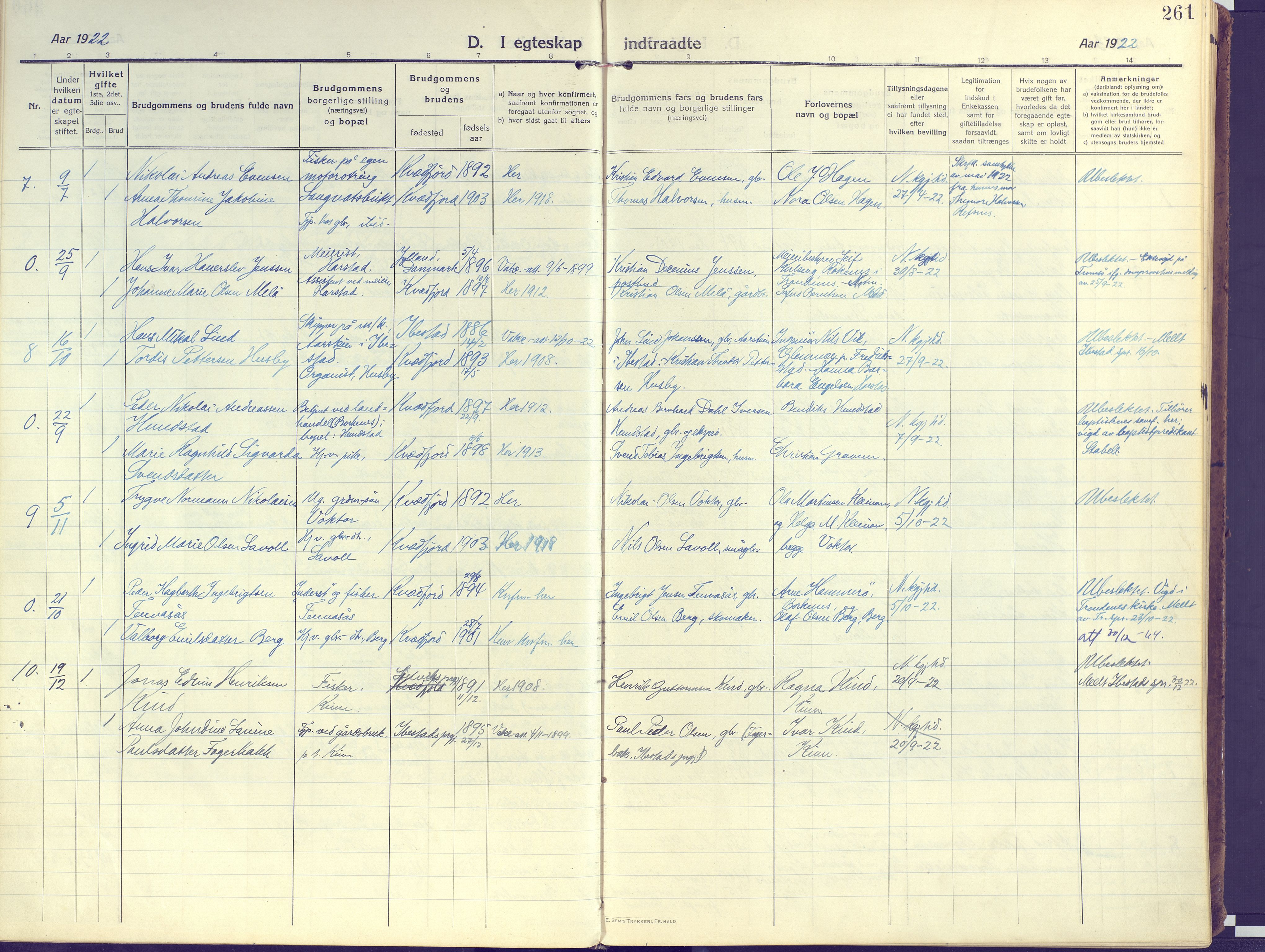 Kvæfjord sokneprestkontor, AV/SATØ-S-1323/G/Ga/Gaa/L0007kirke: Parish register (official) no. 7, 1915-1931, p. 261