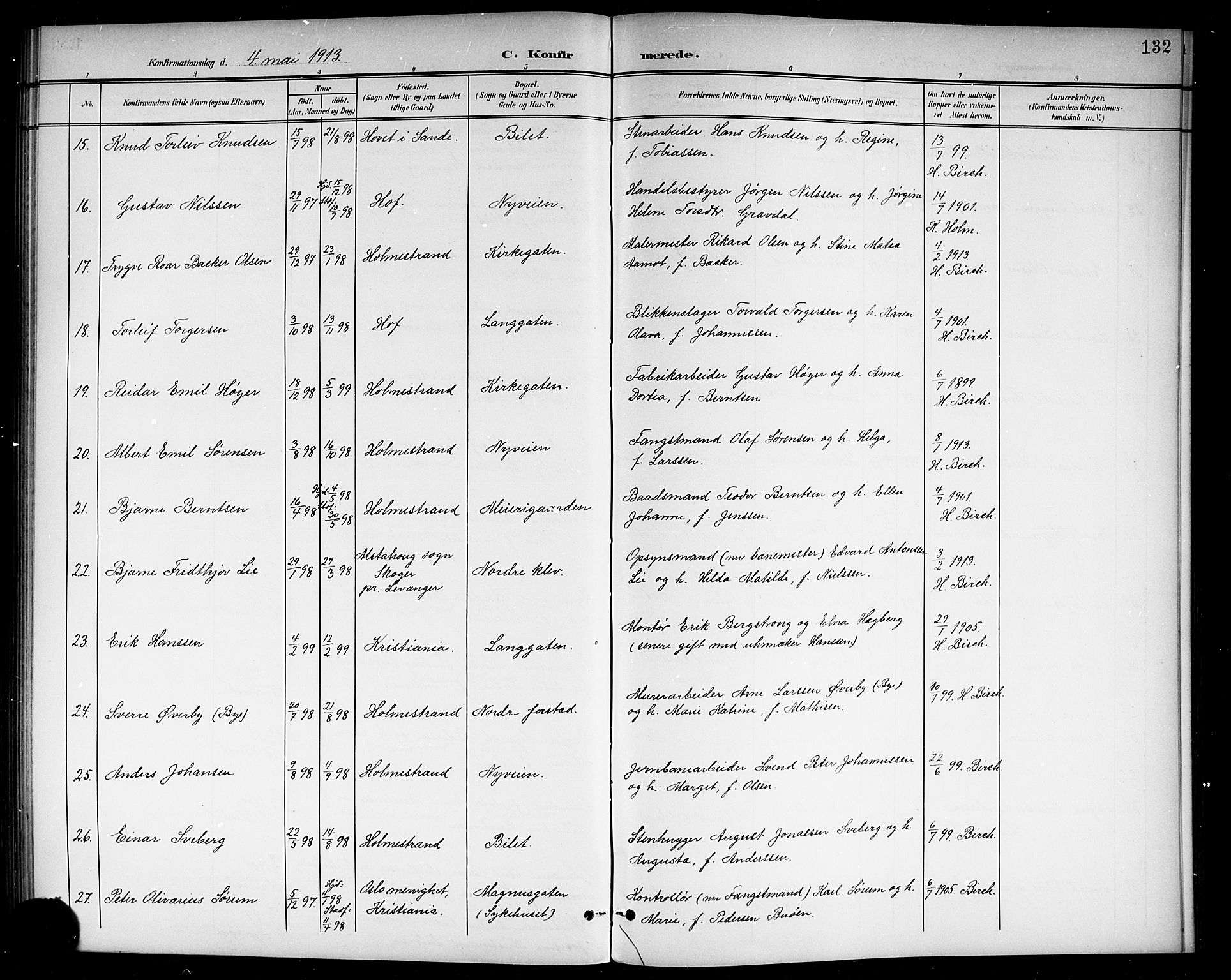 Holmestrand kirkebøker, AV/SAKO-A-346/G/Ga/L0006: Parish register (copy) no. 6, 1901-1923, p. 132