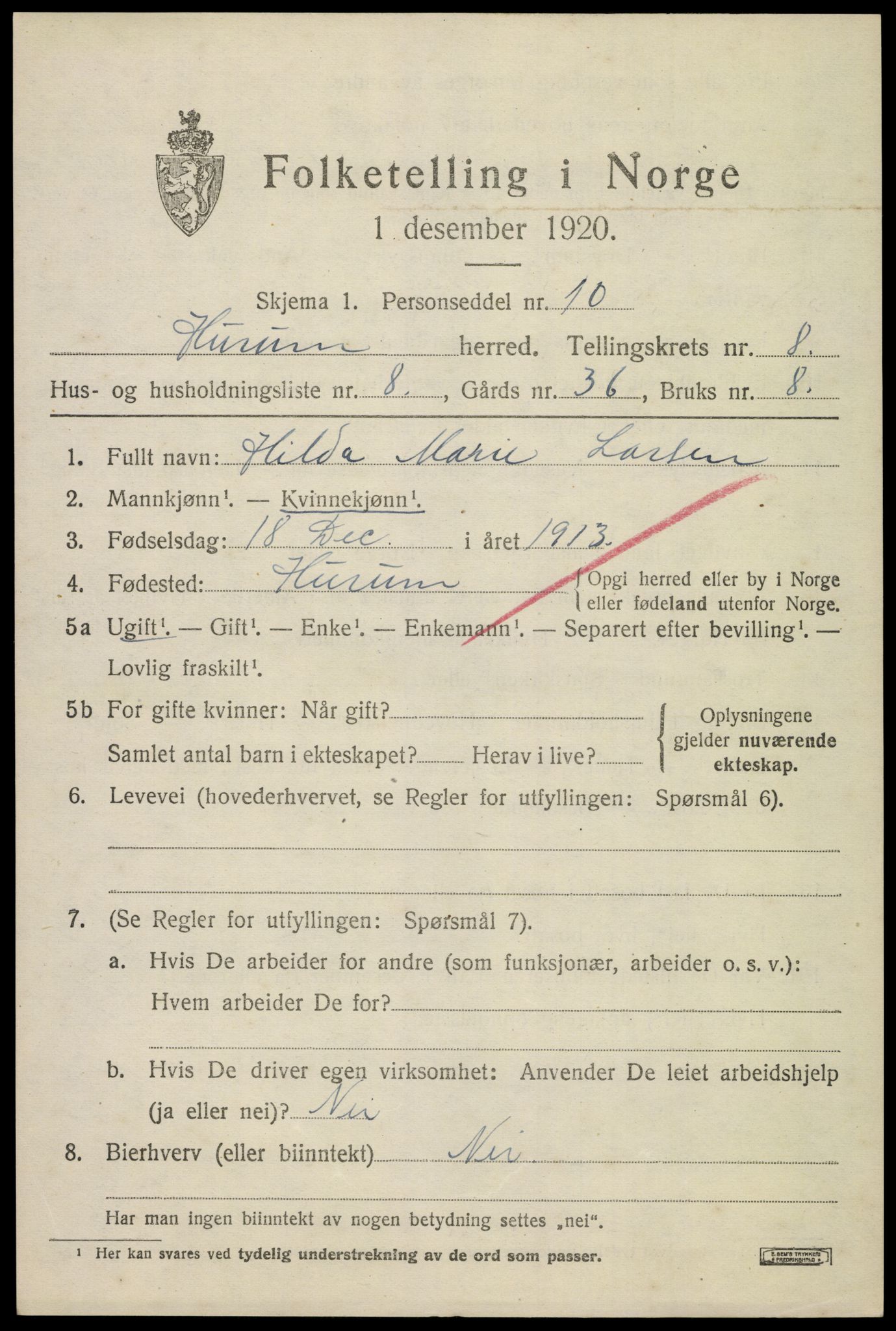 SAKO, 1920 census for Hurum, 1920, p. 10378