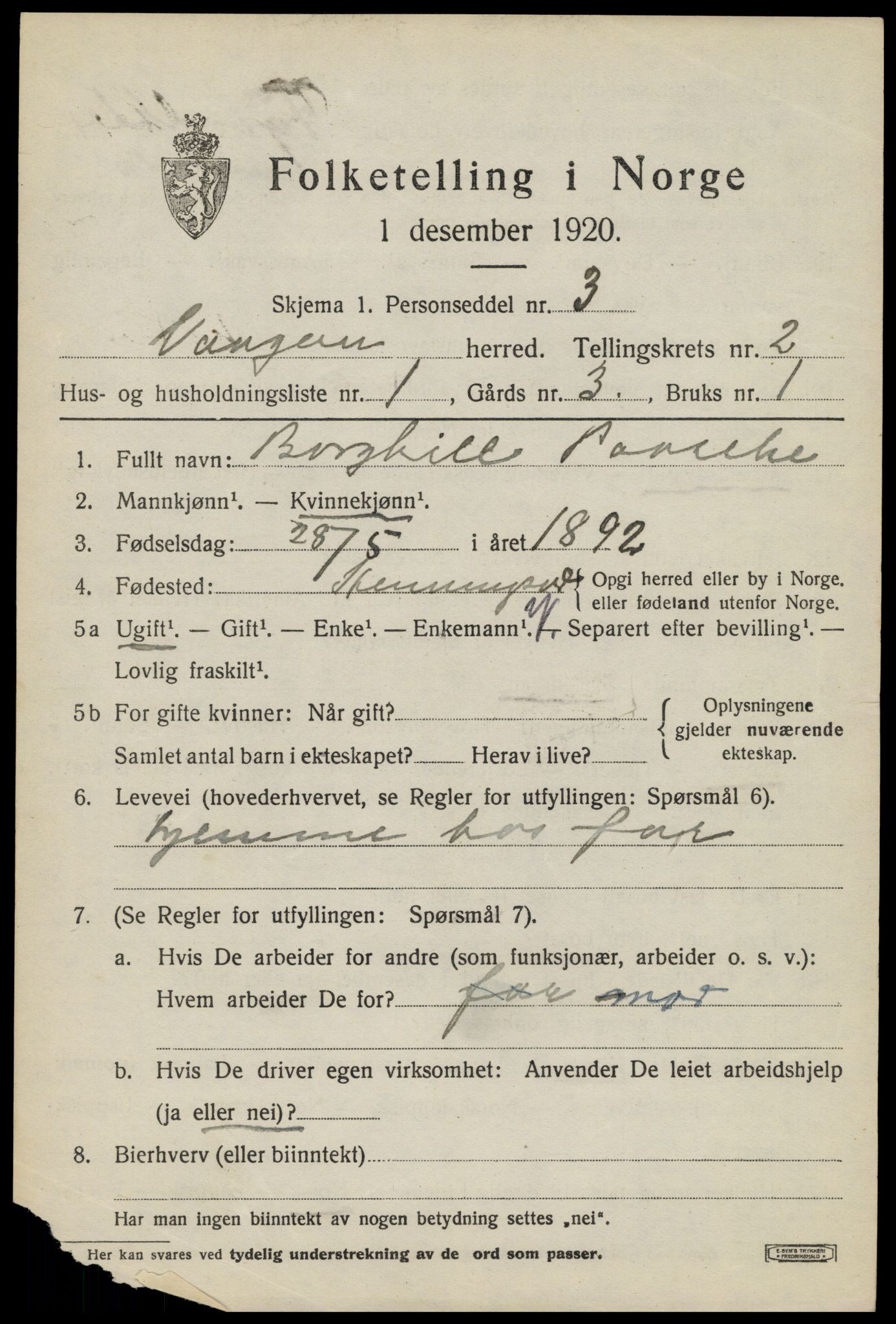 SAT, 1920 census for Vågan, 1920, p. 1837