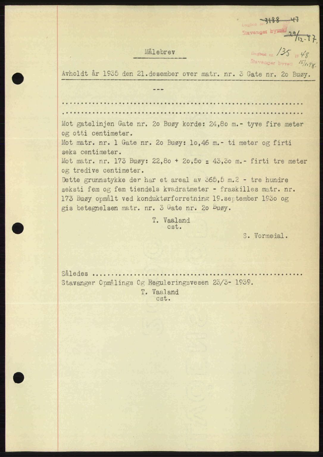 Stavanger byrett, SAST/A-100455/002/G/Gb/L0022: Mortgage book no. A11, 1947-1948, Diary no: : 135/1948