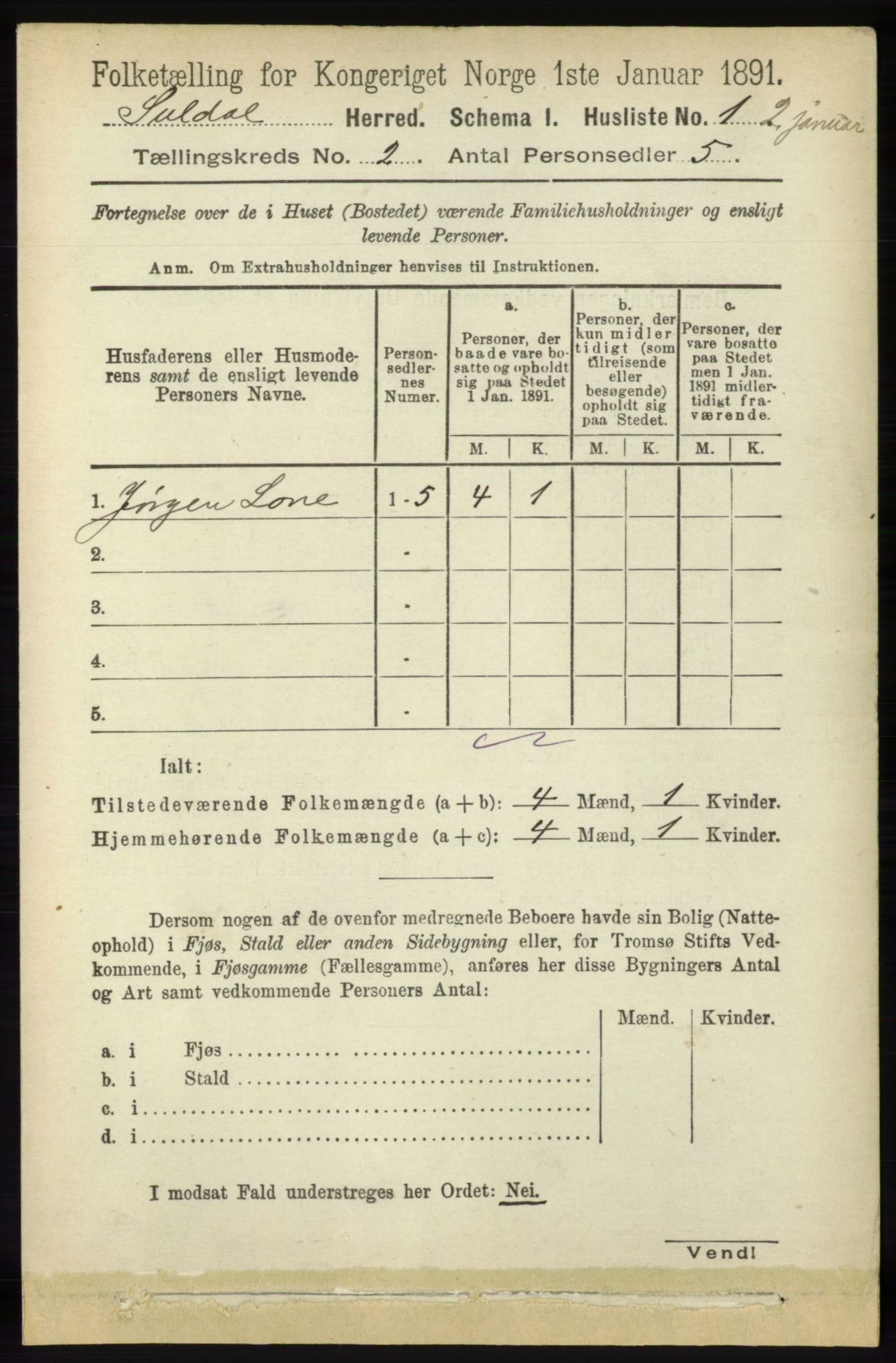 RA, 1891 census for 1134 Suldal, 1891, p. 195