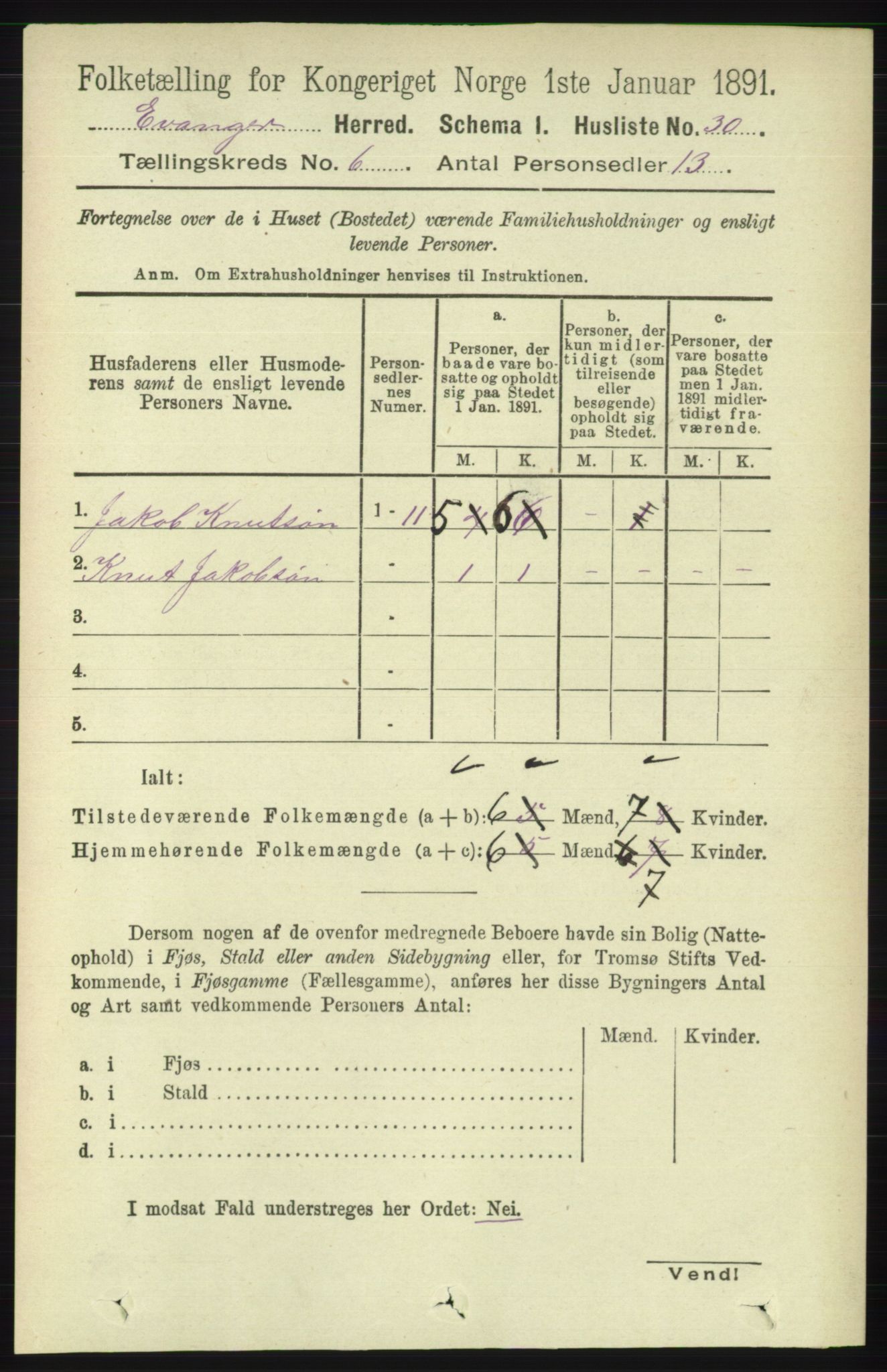 RA, 1891 census for 1237 Evanger, 1891, p. 1609