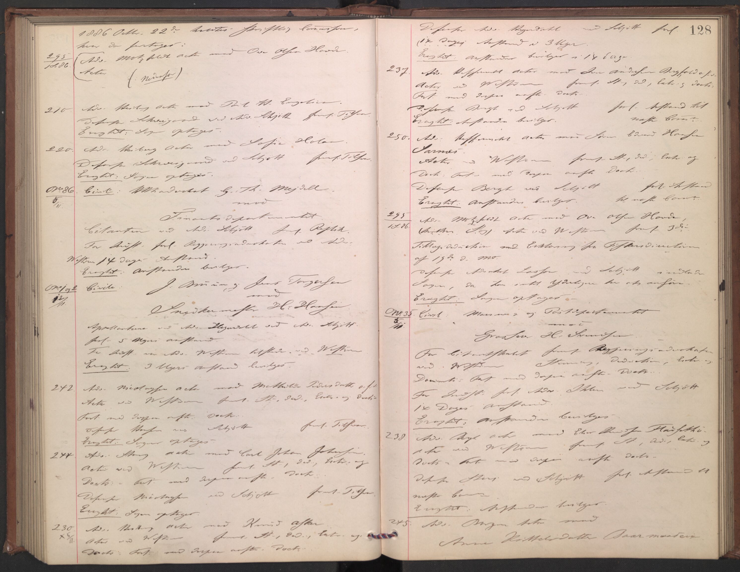 Høyesterett, AV/RA-S-1002/E/Ef/L0015: Protokoll over saker som gikk til skriftlig behandling, 1884-1888, p. 127b-128a