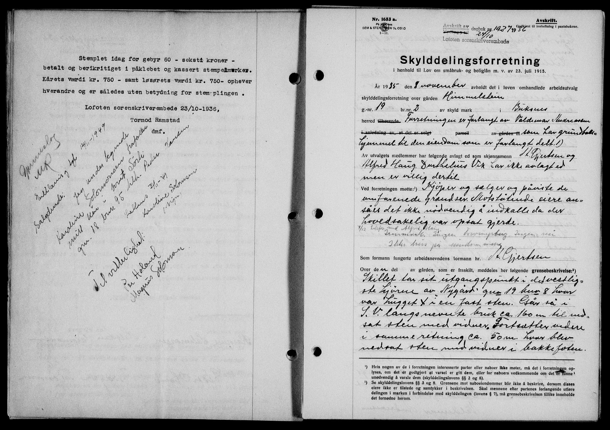 Lofoten sorenskriveri, SAT/A-0017/1/2/2C/L0001a: Mortgage book no. 1a, 1936-1937, Diary no: : 1927/1936