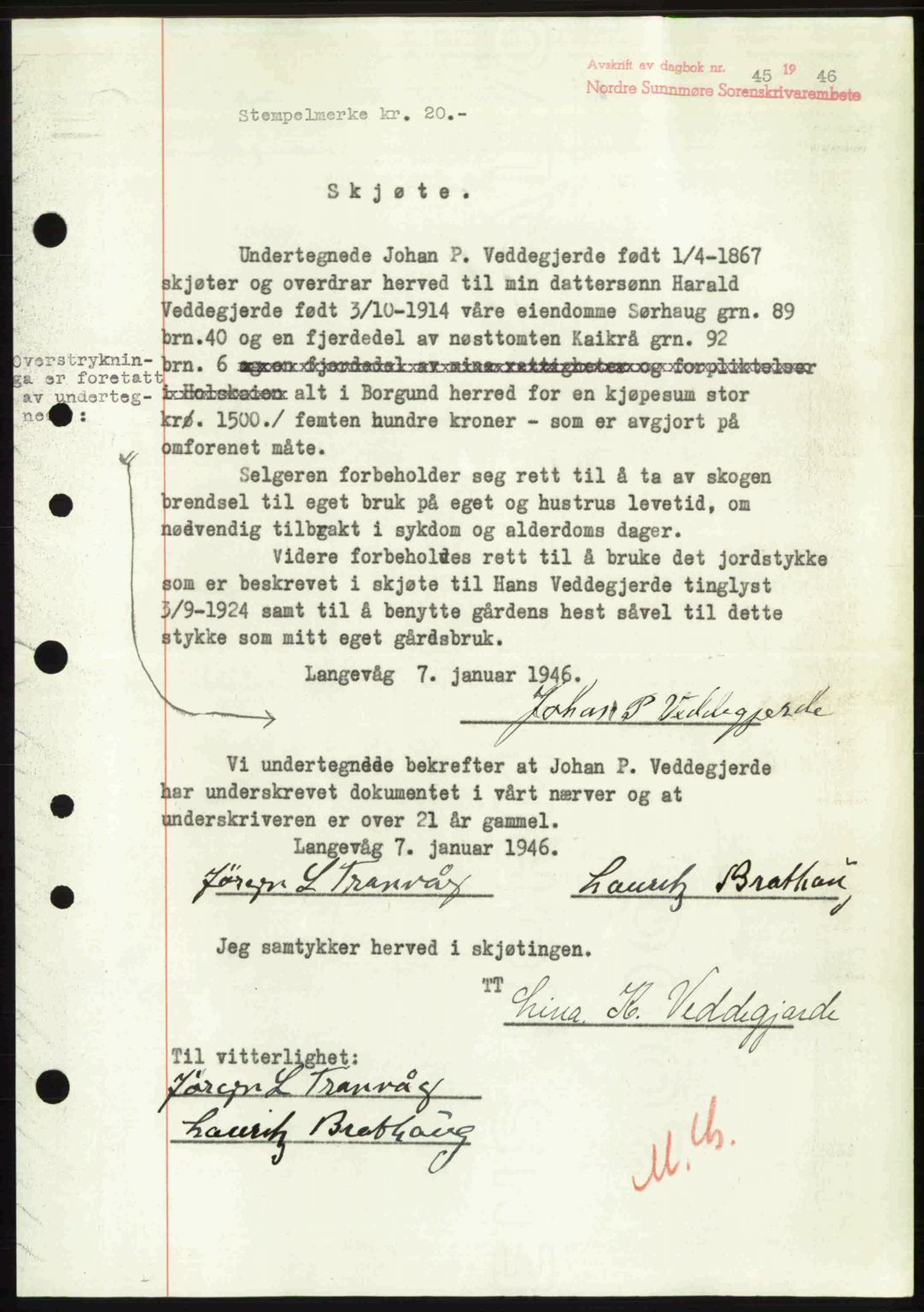 Nordre Sunnmøre sorenskriveri, AV/SAT-A-0006/1/2/2C/2Ca: Mortgage book no. A20b, 1946-1946, Diary no: : 45/1946