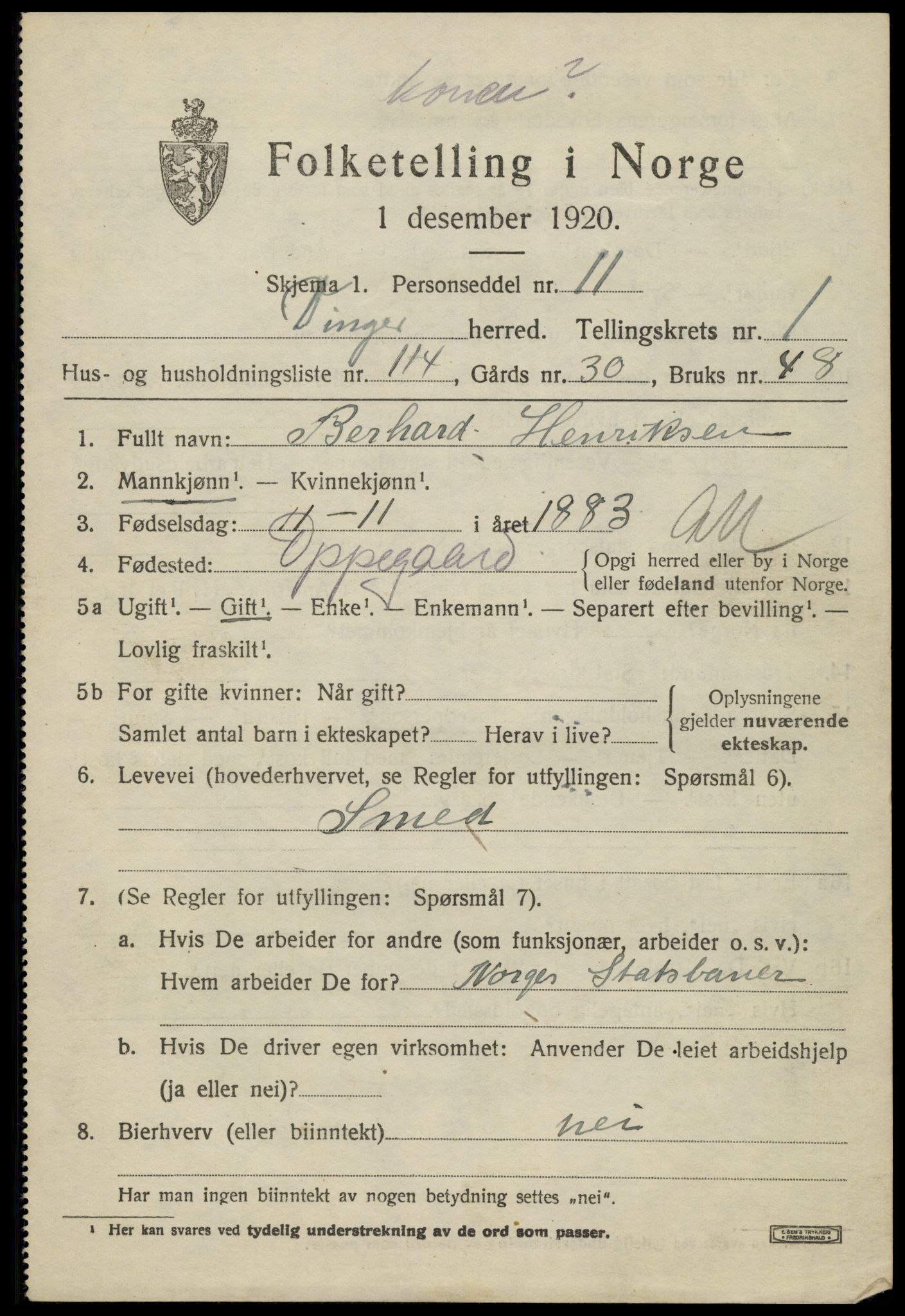 SAH, 1920 census for Vinger, 1920, p. 3228