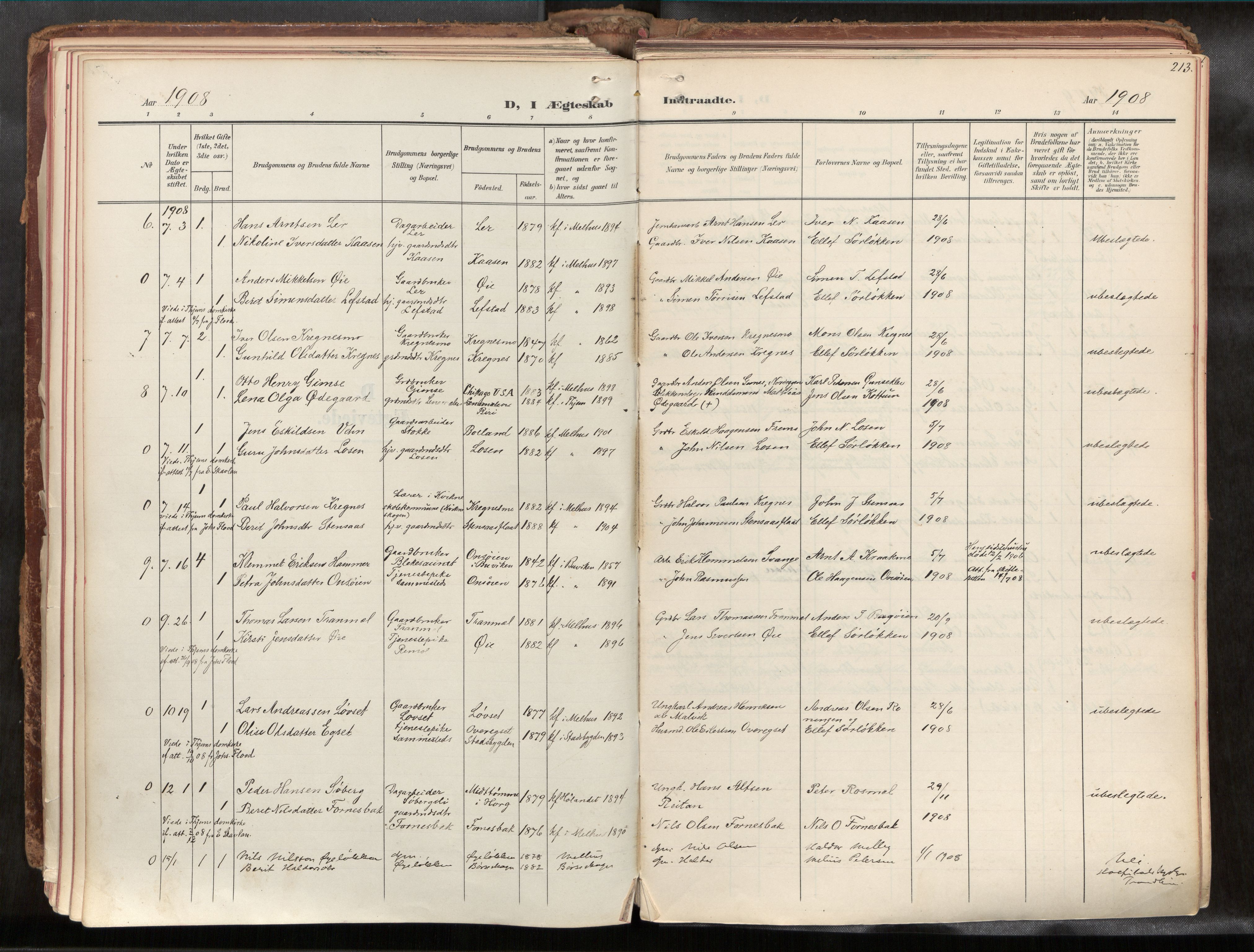 Ministerialprotokoller, klokkerbøker og fødselsregistre - Sør-Trøndelag, SAT/A-1456/691/L1085b: Parish register (official) no. 691A18, 1908-1930, p. 213