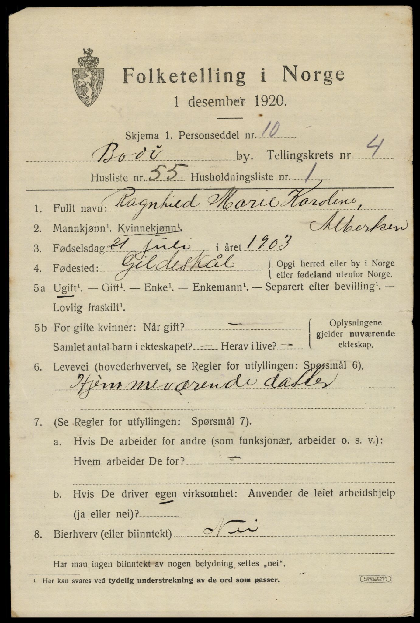 SAT, 1920 census for Bodø, 1920, p. 8435