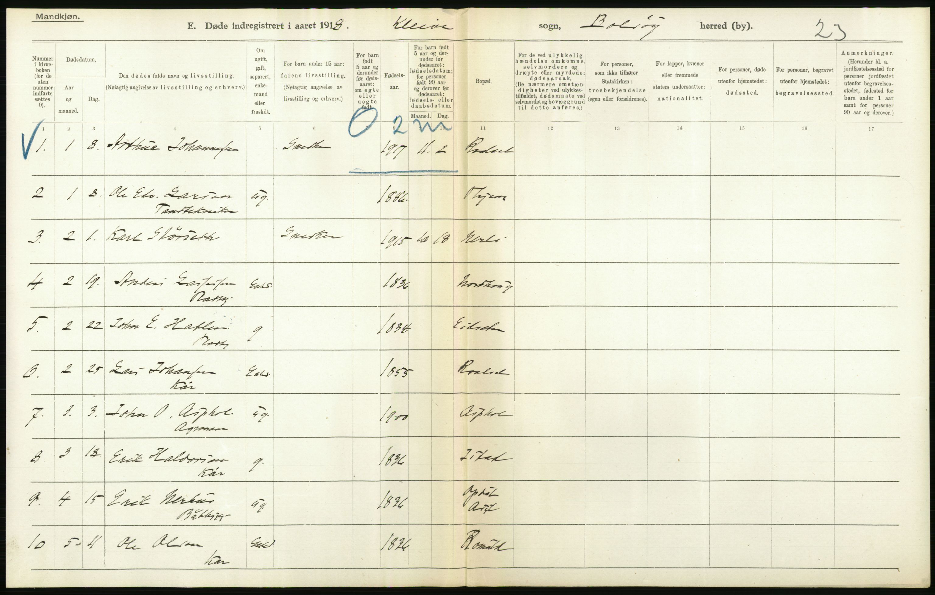 Statistisk sentralbyrå, Sosiodemografiske emner, Befolkning, RA/S-2228/D/Df/Dfb/Dfbh/L0045: Møre fylke: Døde. Bygder og byer., 1918, p. 422