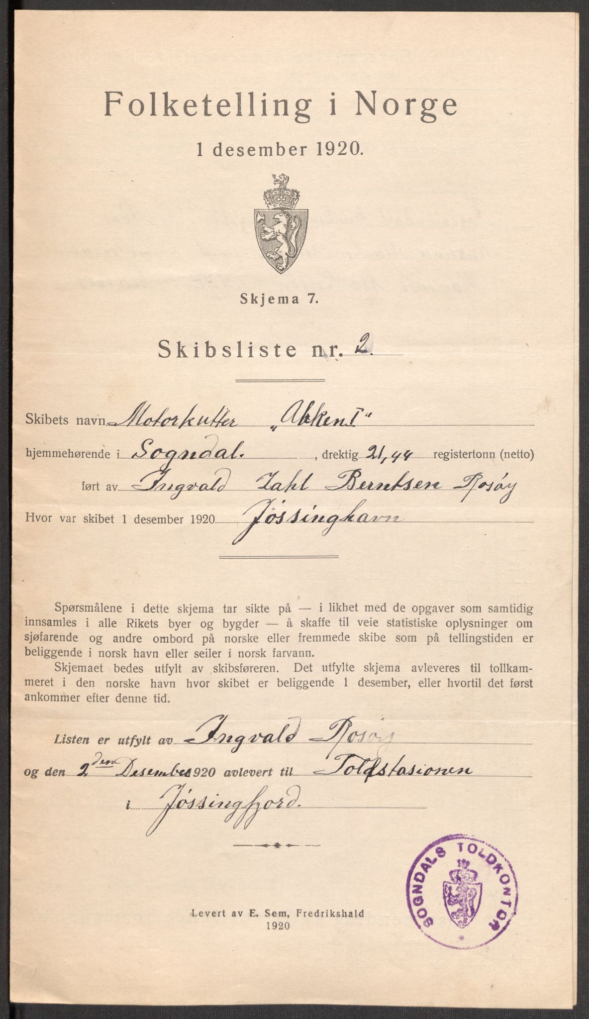 SAST, 1920 census for Sokndal town, 1920, p. 1155