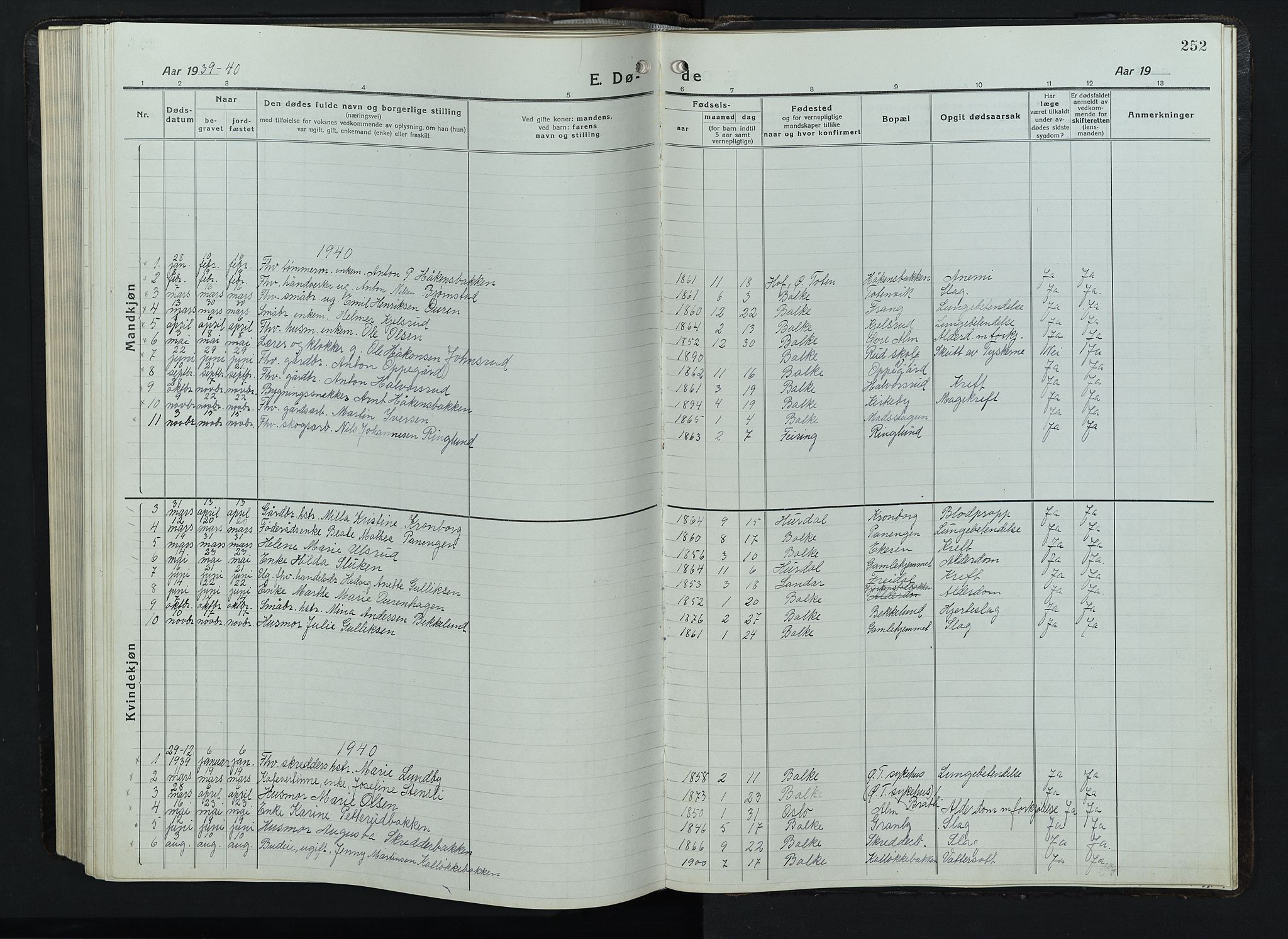 Balke prestekontor, SAH/PREST-106/H/Ha/Hab/L0001: Parish register (copy) no. 1, 1920-1955, p. 252