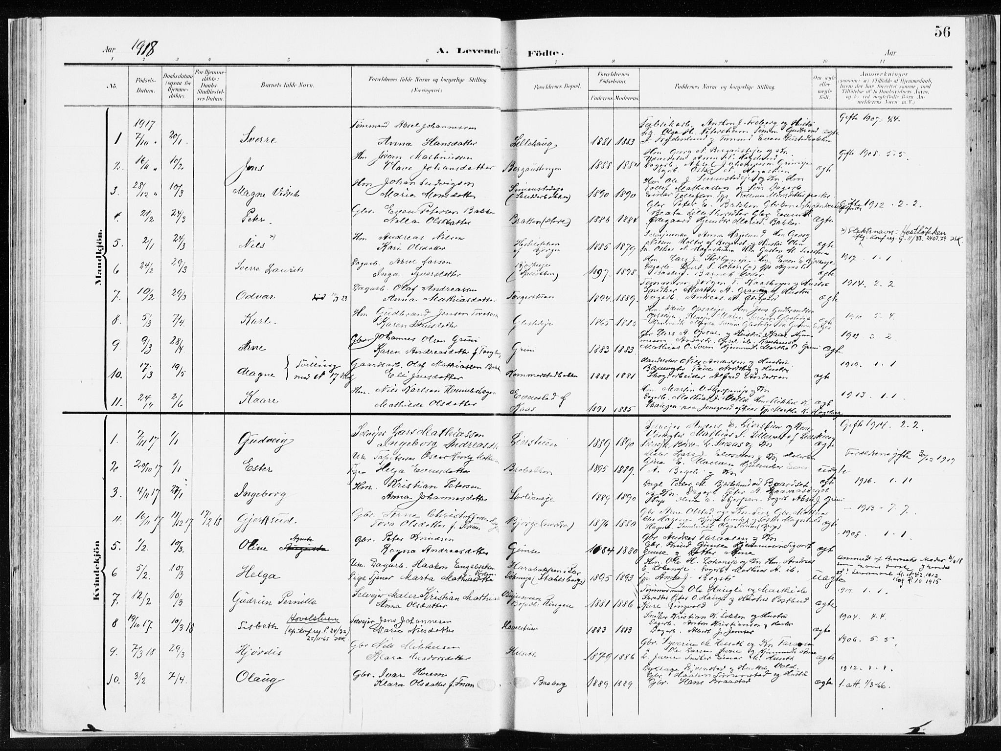 Ringsaker prestekontor, AV/SAH-PREST-014/K/Ka/L0019: Parish register (official) no. 19, 1905-1920, p. 56