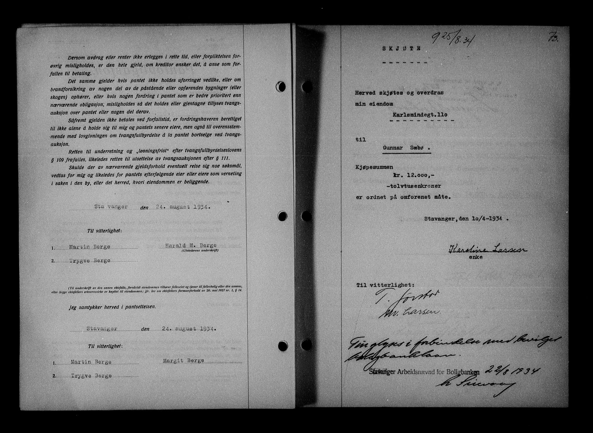 Stavanger byrett, SAST/A-100455/001/4/41/410BB/L0007: Mortgage book no. 57, 1934-1934, Deed date: 25.08.1934