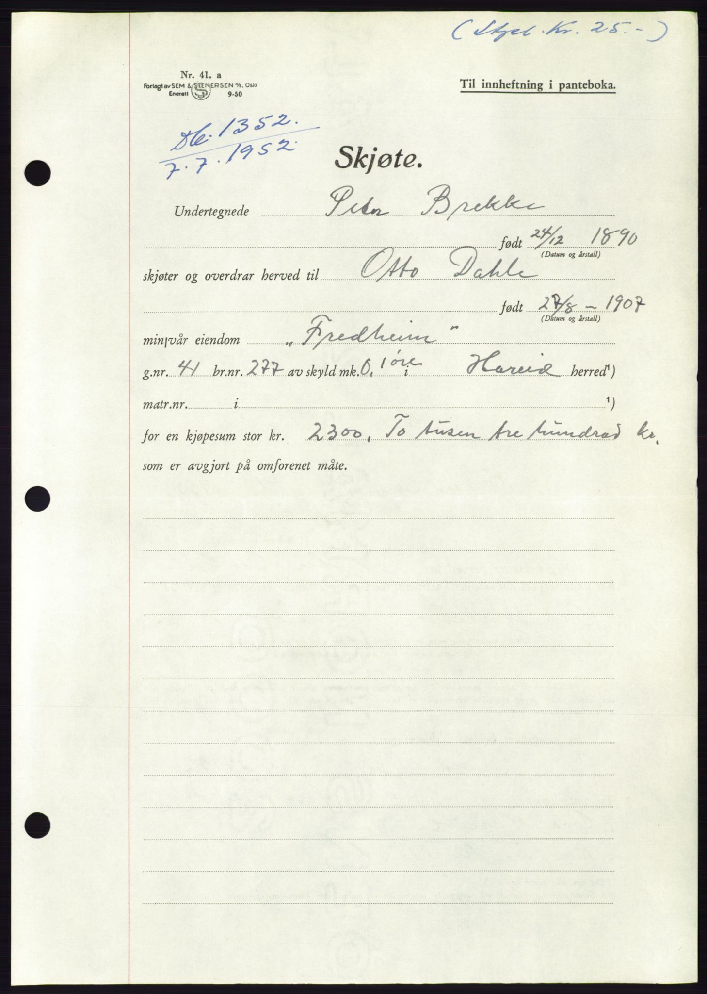 Søre Sunnmøre sorenskriveri, AV/SAT-A-4122/1/2/2C/L0092: Mortgage book no. 18A, 1952-1952, Diary no: : 1352/1952