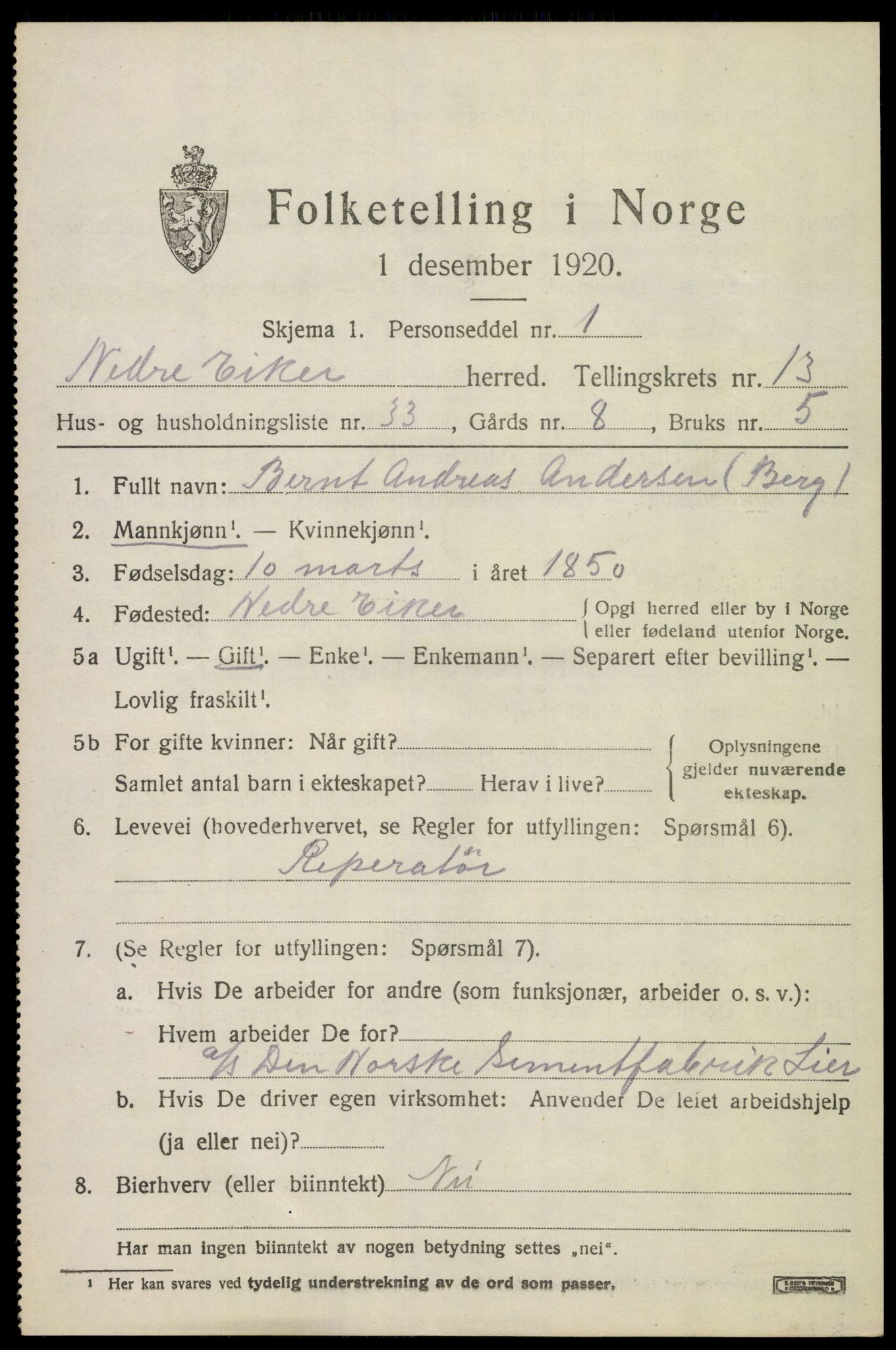 SAKO, 1920 census for Nedre Eiker, 1920, p. 15145