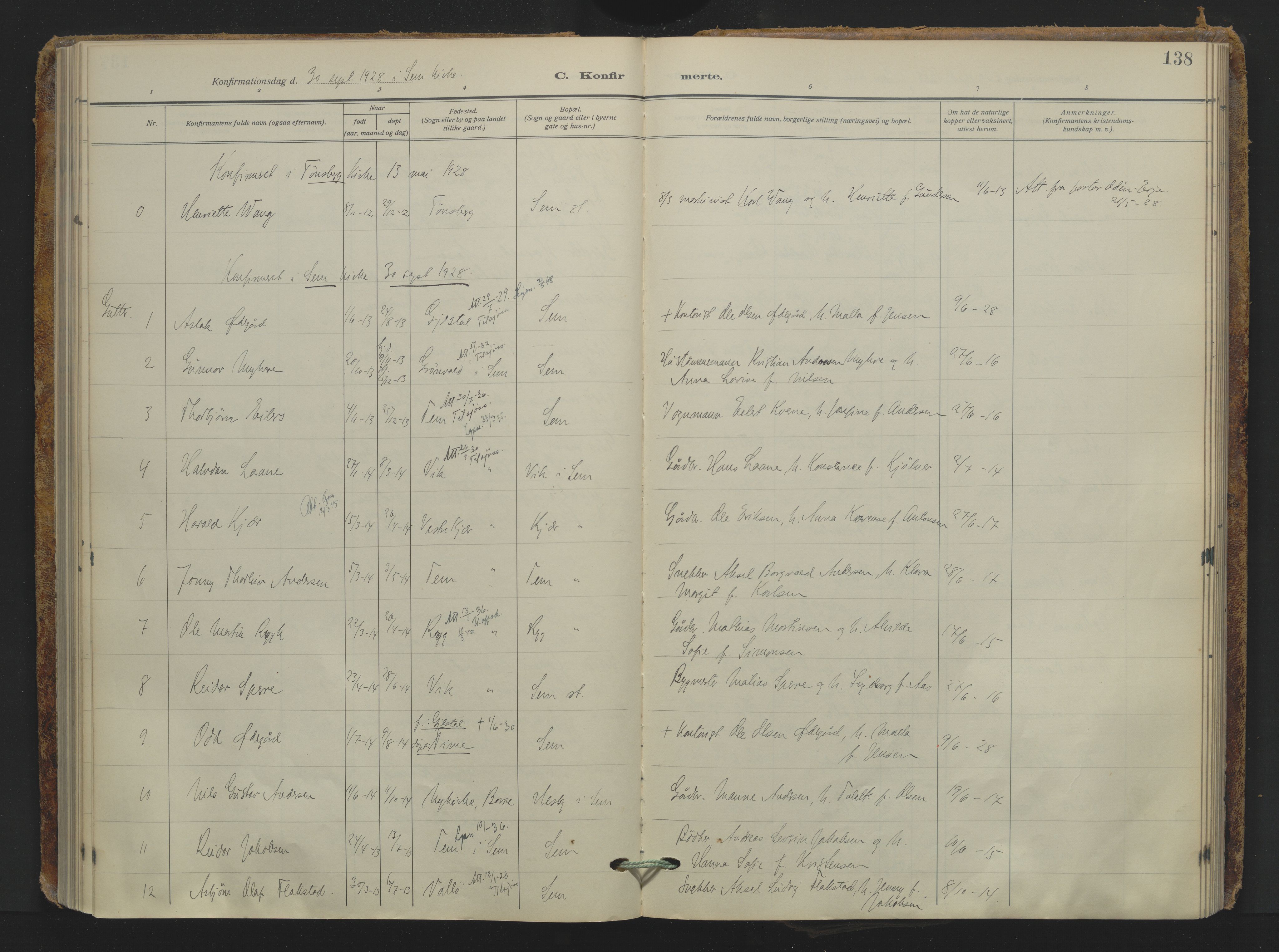 Sem kirkebøker, AV/SAKO-A-5/F/Fa/L0013: Parish register (official) no. I 13, 1916-1932, p. 138