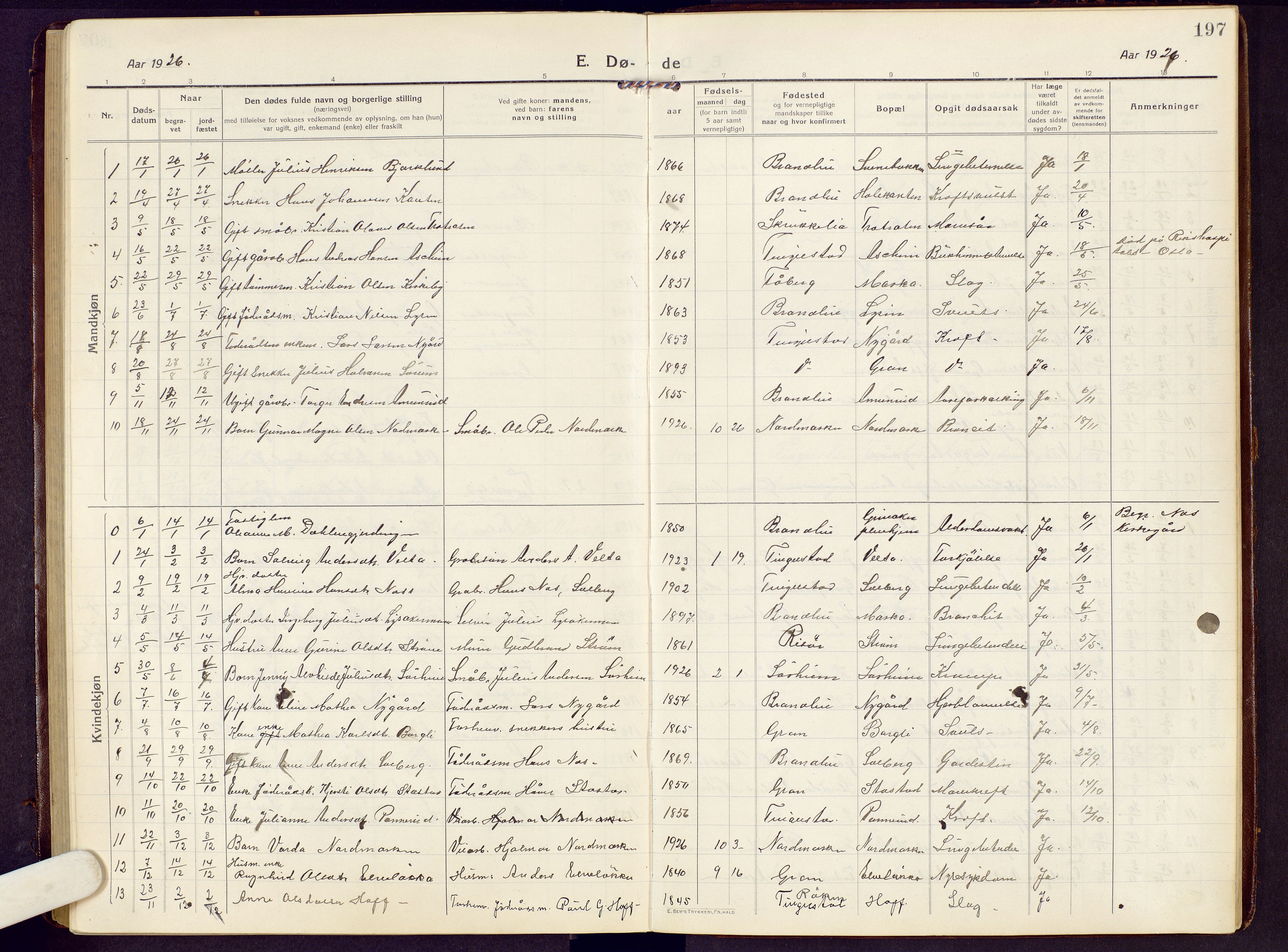 Brandbu prestekontor, SAH/PREST-114/H/Ha/Hab/L0010: Parish register (copy) no. 10, 1916-1930, p. 197